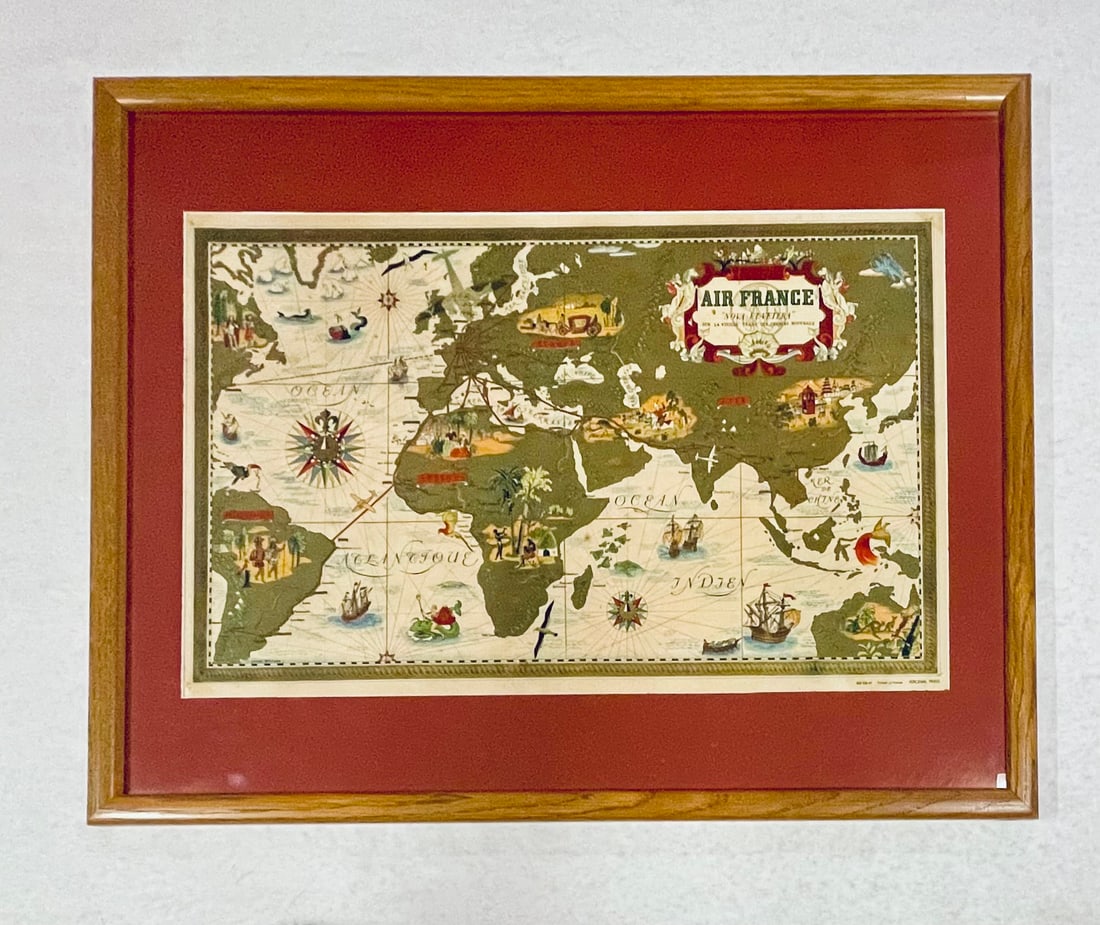 ORIGINAL Air France MAP by Lucien Boucher, beautifully framed: NO RESERVE Item Details Designer: Lucien Boucher Title: AIR FRANCE - Map Year: 1939 Dimensions: (Framed) 30 x 24 in. Edition: Unknown Framed: yes Medium: Lithograph Print Condition: Good Shipping: