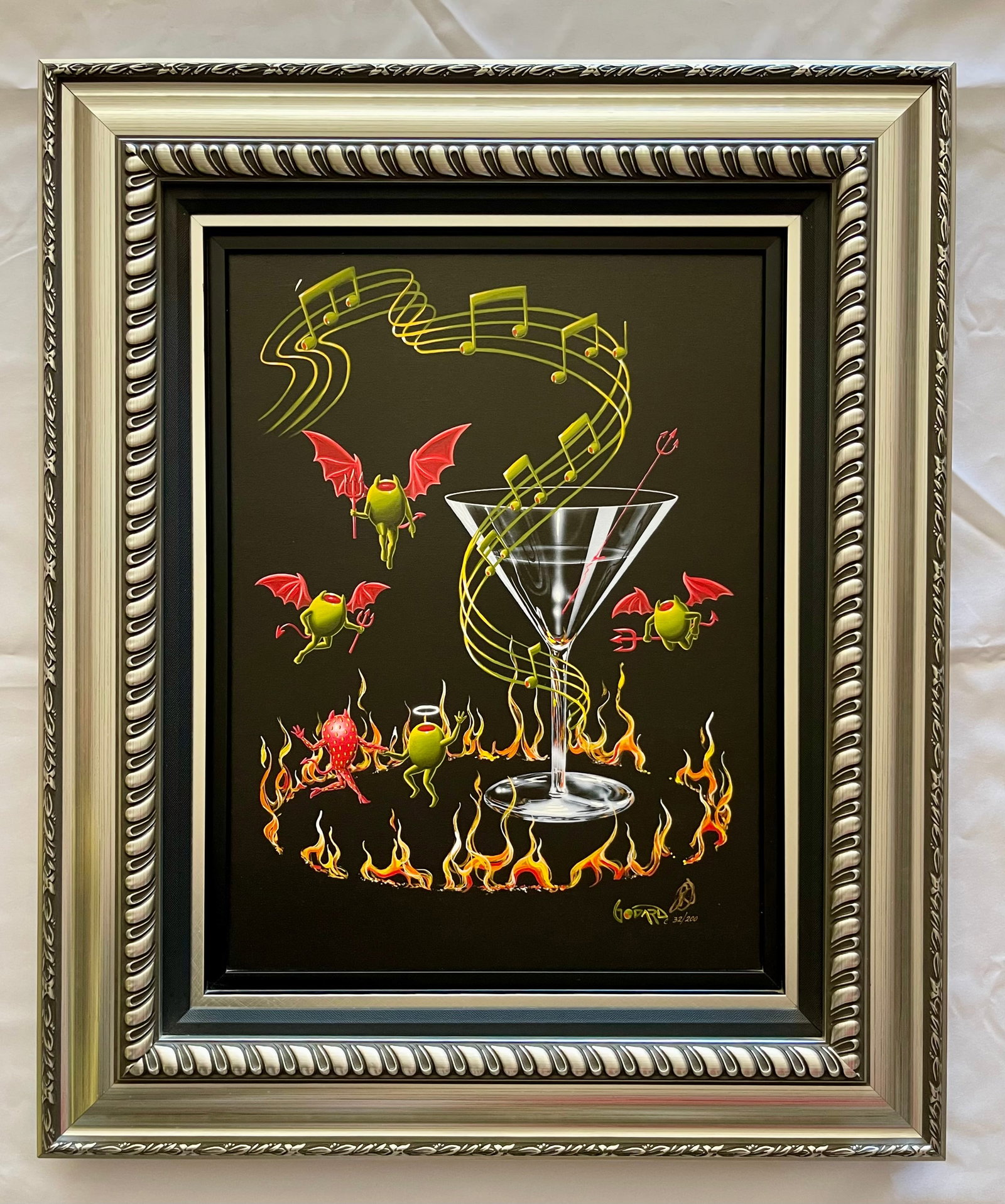 Michael Godard, Giclee in color with hand embellishment on canvas "Devilish Angel Dance": NO RESERVE Item Details Artist: Michael Godard Title: Devilish Angel Dance Year: 2021 Dimensions: 33 1/2in x 28in. (framed) Edition: Giclee, hand signed Framed: yes Medium: Giclee on canvas Condition: