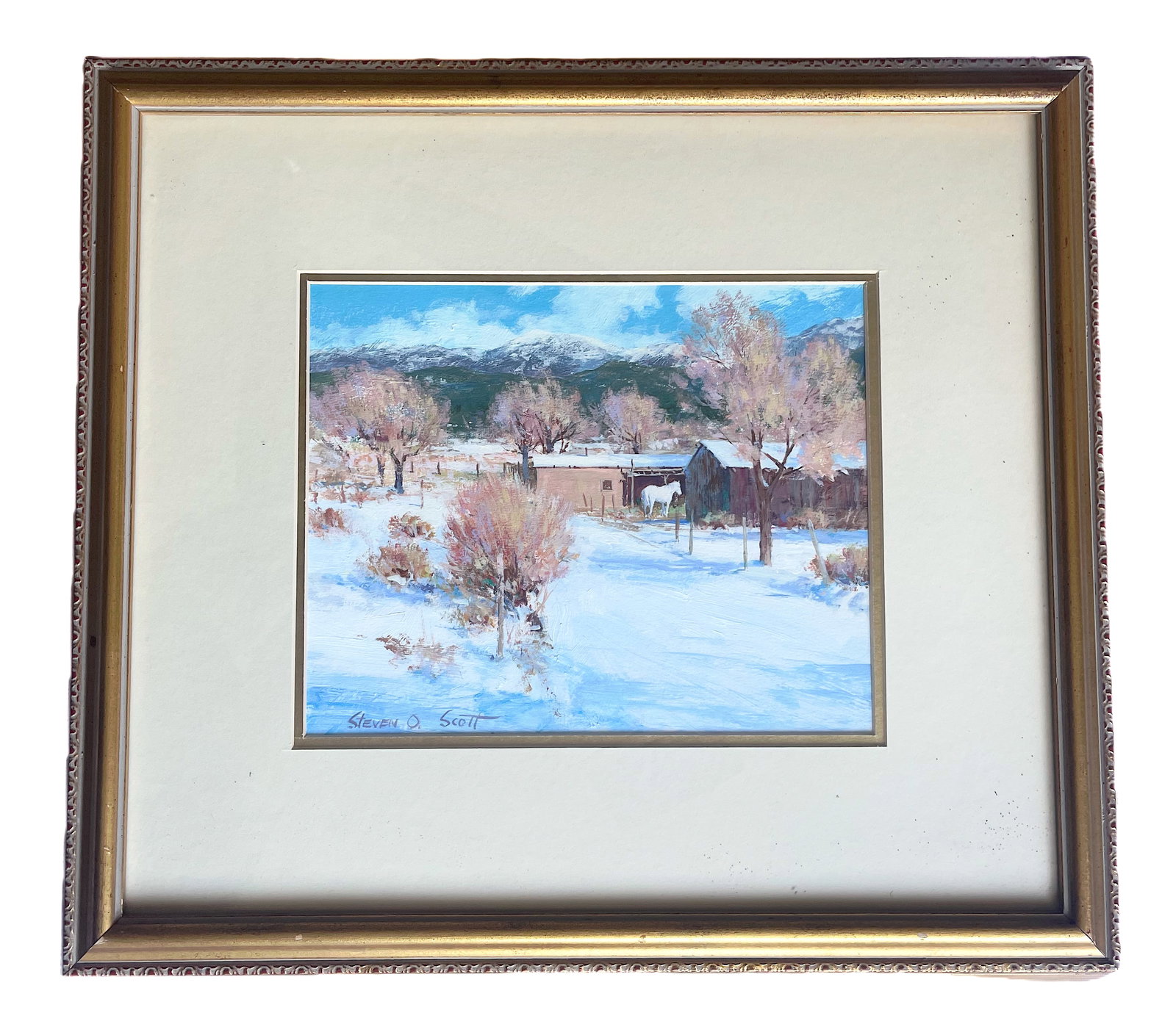 Steven O. Scott (American b.1938) "White Horse in the Snow": NO RESERVE Item Details Artist: Steven O. Scott Title: White Horse In the Snow Year: unknown Dimensions: (framed) 18 x 16 in. Edition: ORIGINAL Framed: yes Medium: watercolor Condition: Excellent Det