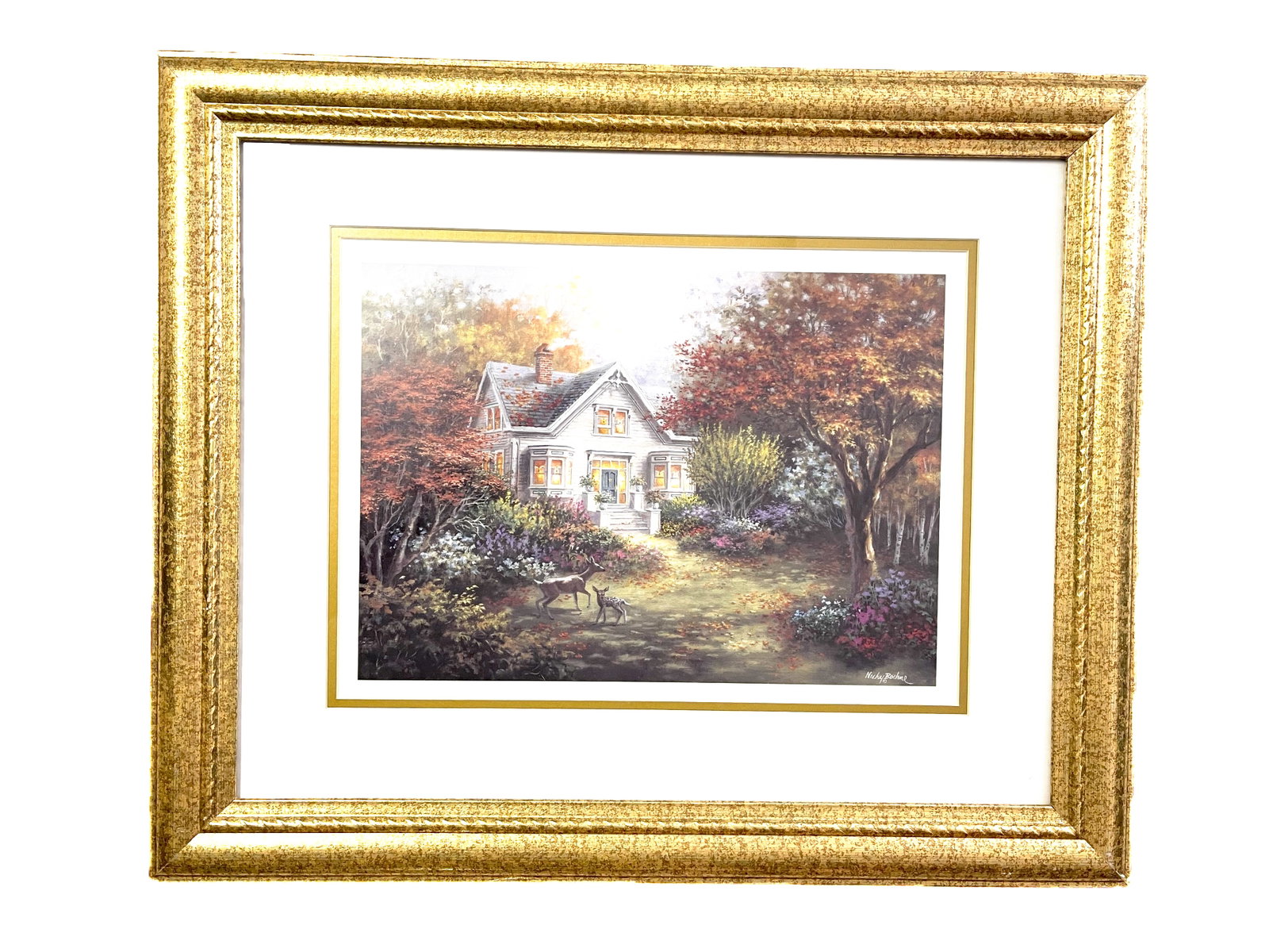 Nicky Boehme, Deer and Cottage print. Beautifully framed.: NO RESERVE Item Details Artist: Nicky Boehme Title: unknown Year: unknown Dimensions: 20 x 24 in. Framed: yes Medium: Print Condition: Excellent Details: plate signed by the Artist. Shipping: In House