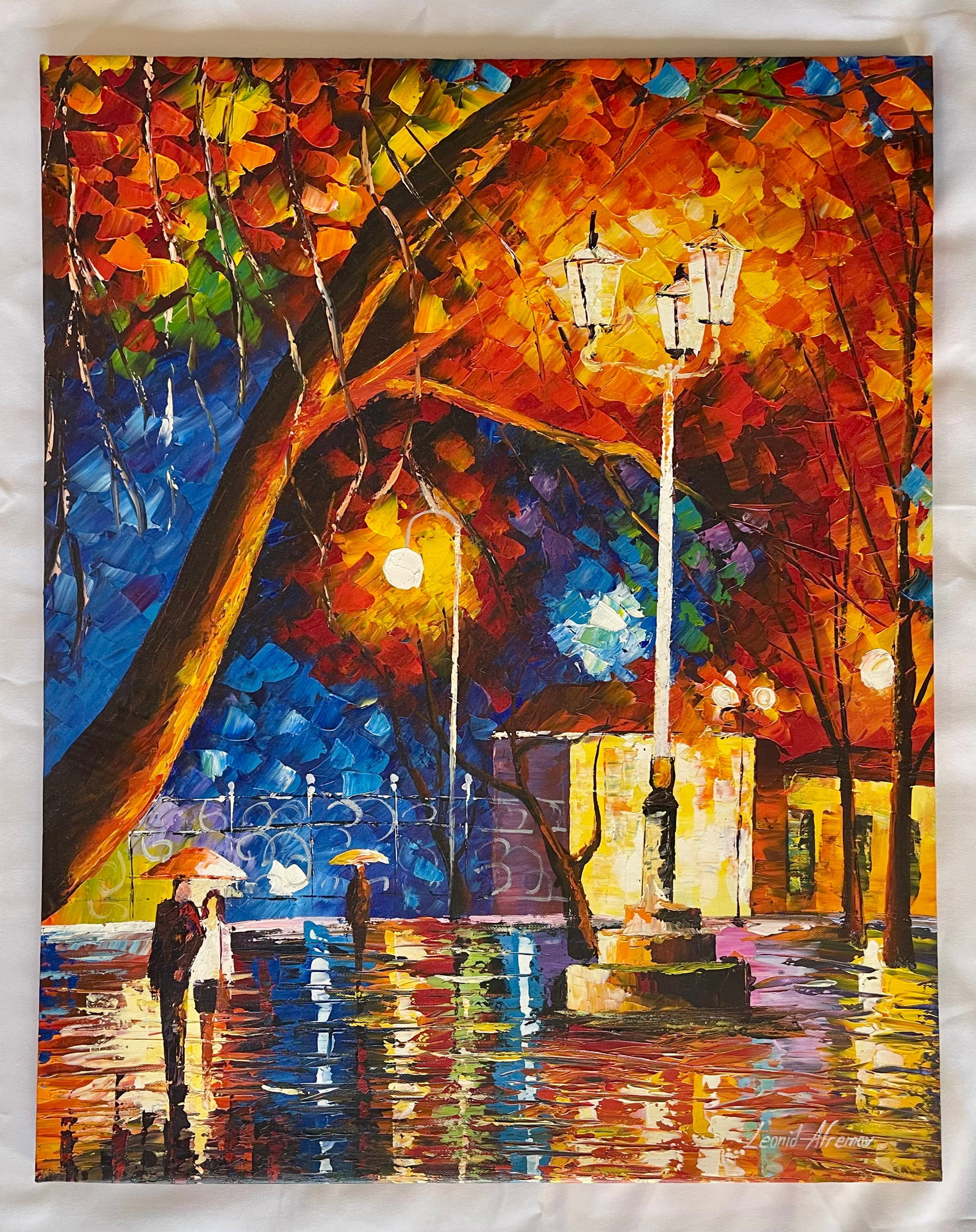 Leonid Afremov (Belarusian, 1955-2019) ORIGINAL, Oil on Canvas "Winter Rain City": NO RESERVE Item Details Artist: Leonid Afremov Title: Winter Rain City Year: unknown Dimensions: painting- 29 1/2 x 23 1/2 in. Edition: ORIGINAL REPRODUCTION Framed: no Medium: Oil on Canvas Condition
