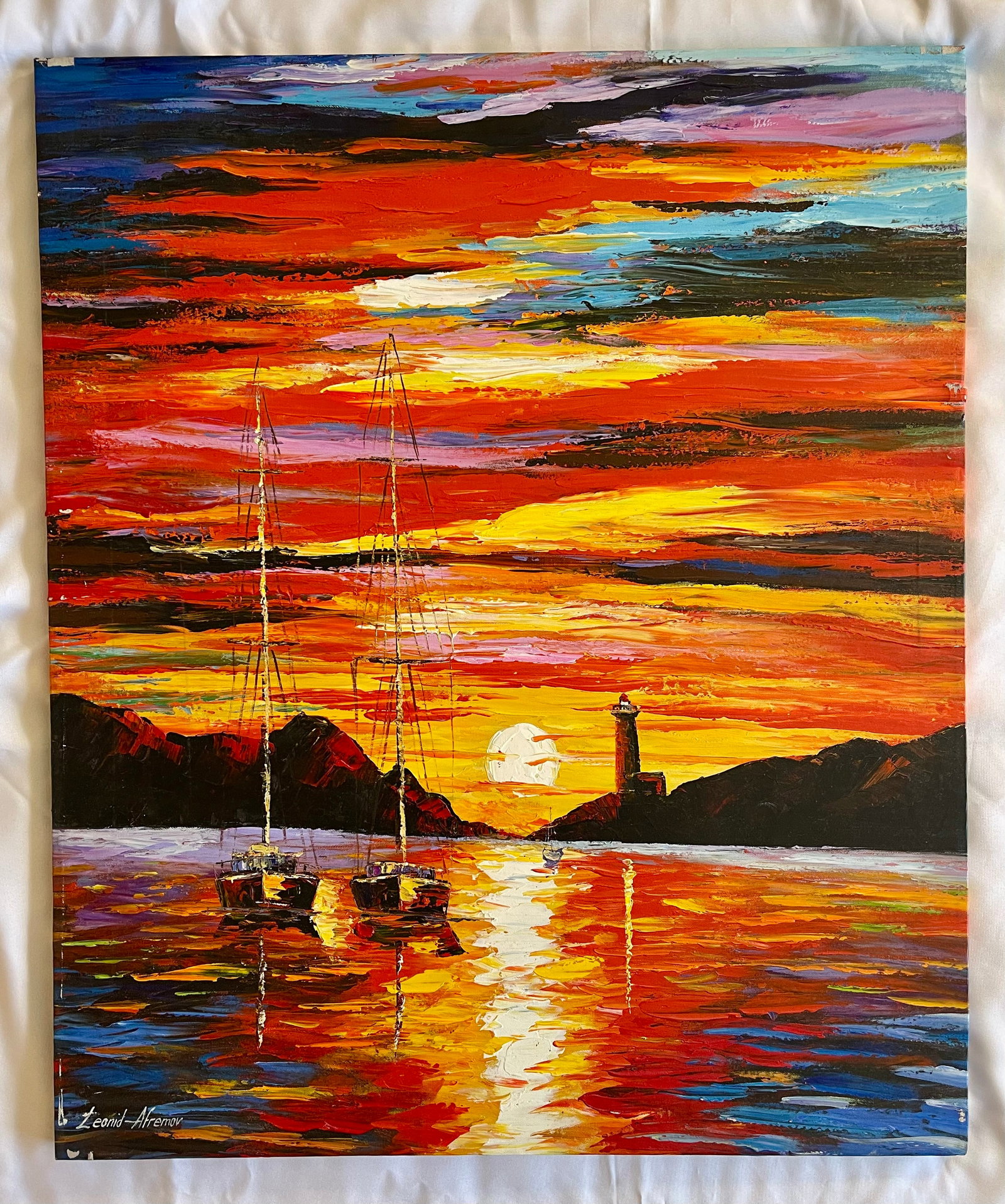 Leonid Afremov (Belarusian 1955-2019) ORIGINAL recreation "By the Entrance to the Harbor": Item Details Artist: Leonid Afremov Title: By the Entrance to the Harbor Year: 2014 Dimensions: unFramed 30 x 36 in. Edition: ORIGINAL recreation Framed: No Medium: oil using Palette knife on Canvas C