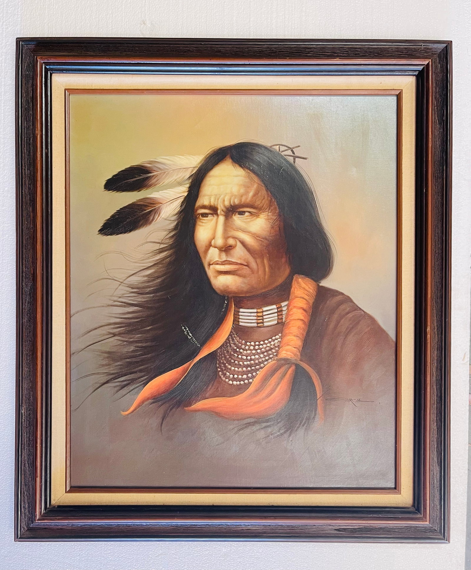 Z Garcia, ORIGINAL oil on canvas. Native American Man: NO RESERVE Item Details Artist: Z Garcia Title: unknown year: unknown Dimensions: Framed, 26 x 30 inches Edition: ORIGINAL Framed: Yes Medium: Oil on Canvas Condition: Good Details: Hand painted and