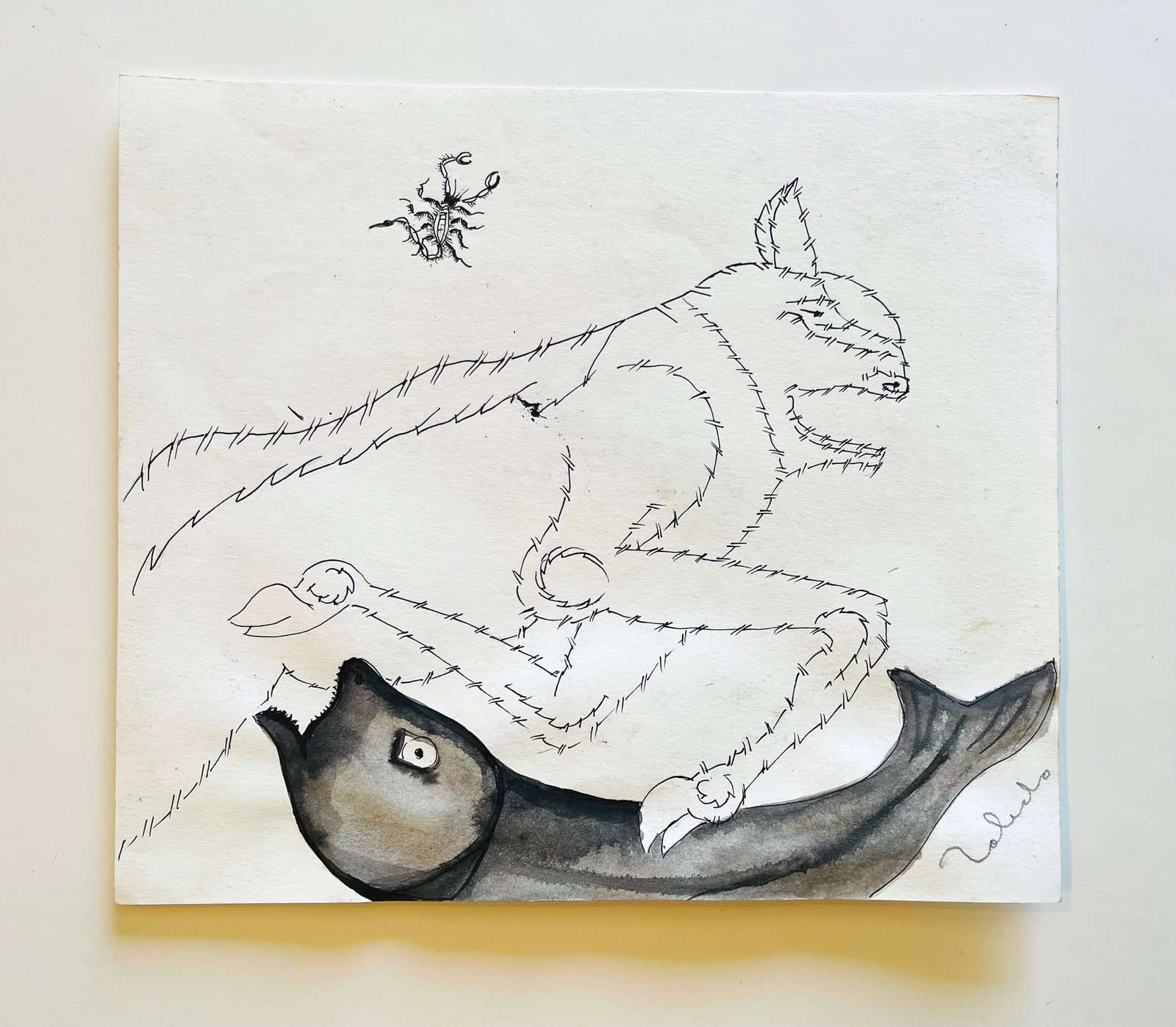 Francisco Toledo (1940-2019 Mexican), signed ORIGINAL Ink on Paper "Fish and Bull": NO RESERVE Item Details Artist: Francisco Toledo Title: Fish and Bull Year: unknown Dimensions: 8 x 9.5 inches Framed: no Medium: ink on sketchbook Condition: Good Details: Hand signed by the artist.