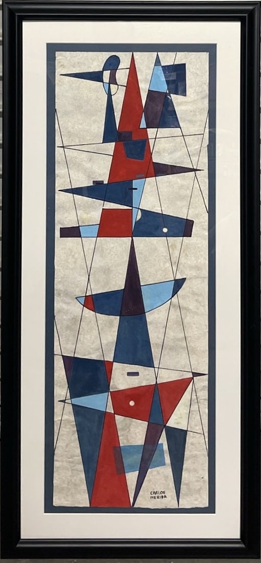 Carlos Merida (1891- 1085 Guatemalan) ORIGINAL ABSTRACT: Item Details Artist: Carlos Merida Title: Abstract Composition Year: Cir. 1954 Dimensions: framed 43 x 19 1/2, artwork 11 1/2 x 35 inches Edition: Original Framed: yes Medium: Amate Paper, (Papel