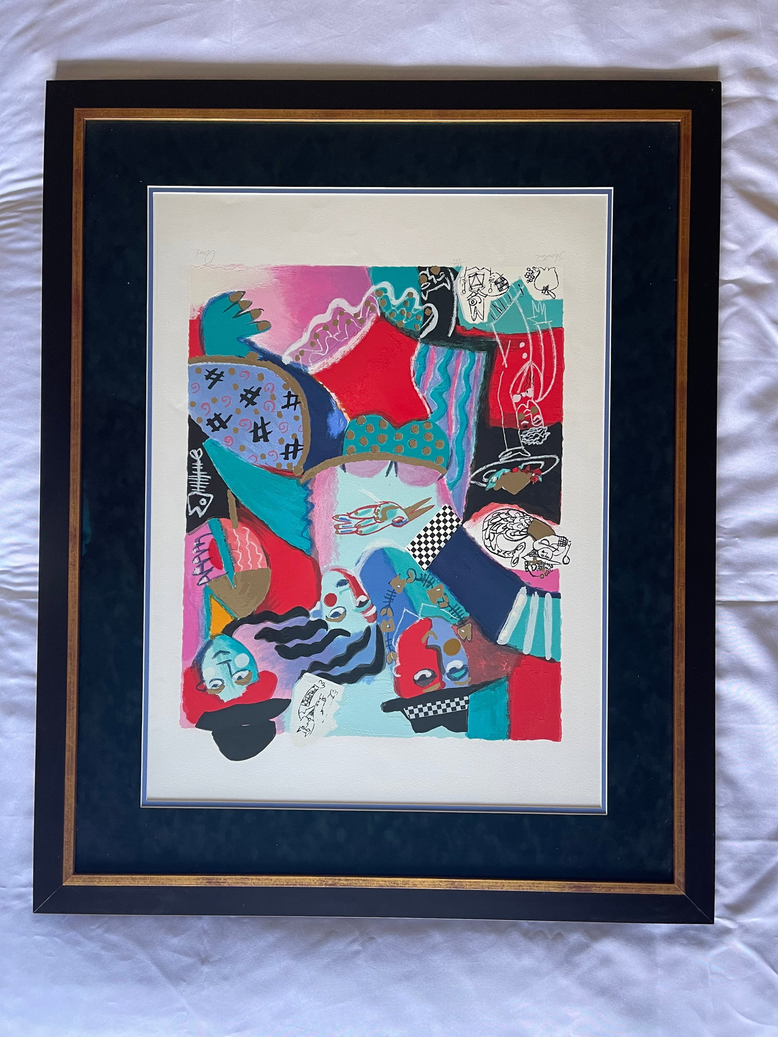 Kathy Donahey, Mixed Media Lithograph, signed/numbered "Showtime": NO RESERVE Item Details Artist: Kathy Donahey Title: Showtime Year: cir. 1980s Dimensions: framed 40 x 32, lithograph- 32 x 24 in. Edition: hand signed Framed: yes Medium: Embellished Mixed Media Lith