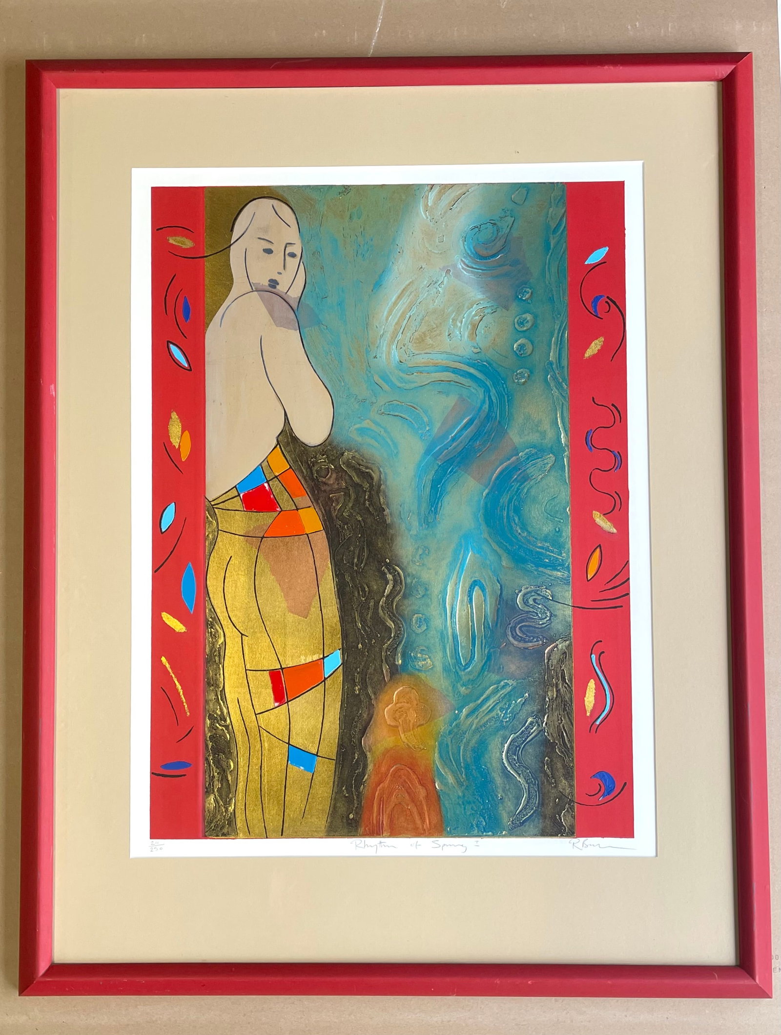 Russell Baker (B 1948 British) Gold Embellished Serigraph signed/numbered "Rhythm of the Spring 1): NO RESERVE Item Details Artist: Russell Baker Title: Rhythm of the Spring 1 Year: unknown Dimensions: 37 x 29 inches Edition: #211 of 250 Framed: yes Medium: Gold Embellished Serigraph Condition: Very