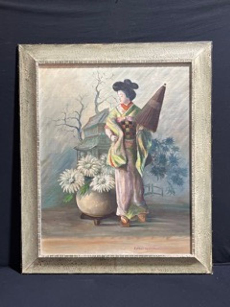 Esther Hamilton, ORIGINAL oil on canvas. "Geisha": NO RESERVE Item Details Artist: Esther Hamilton Title: Geisha Year: unknown Dimensions: 37 x 31 inches Edition: ORIGINAL Framed: yes Medium: Oil on Canvas Condition: Good Details: Hand painted and