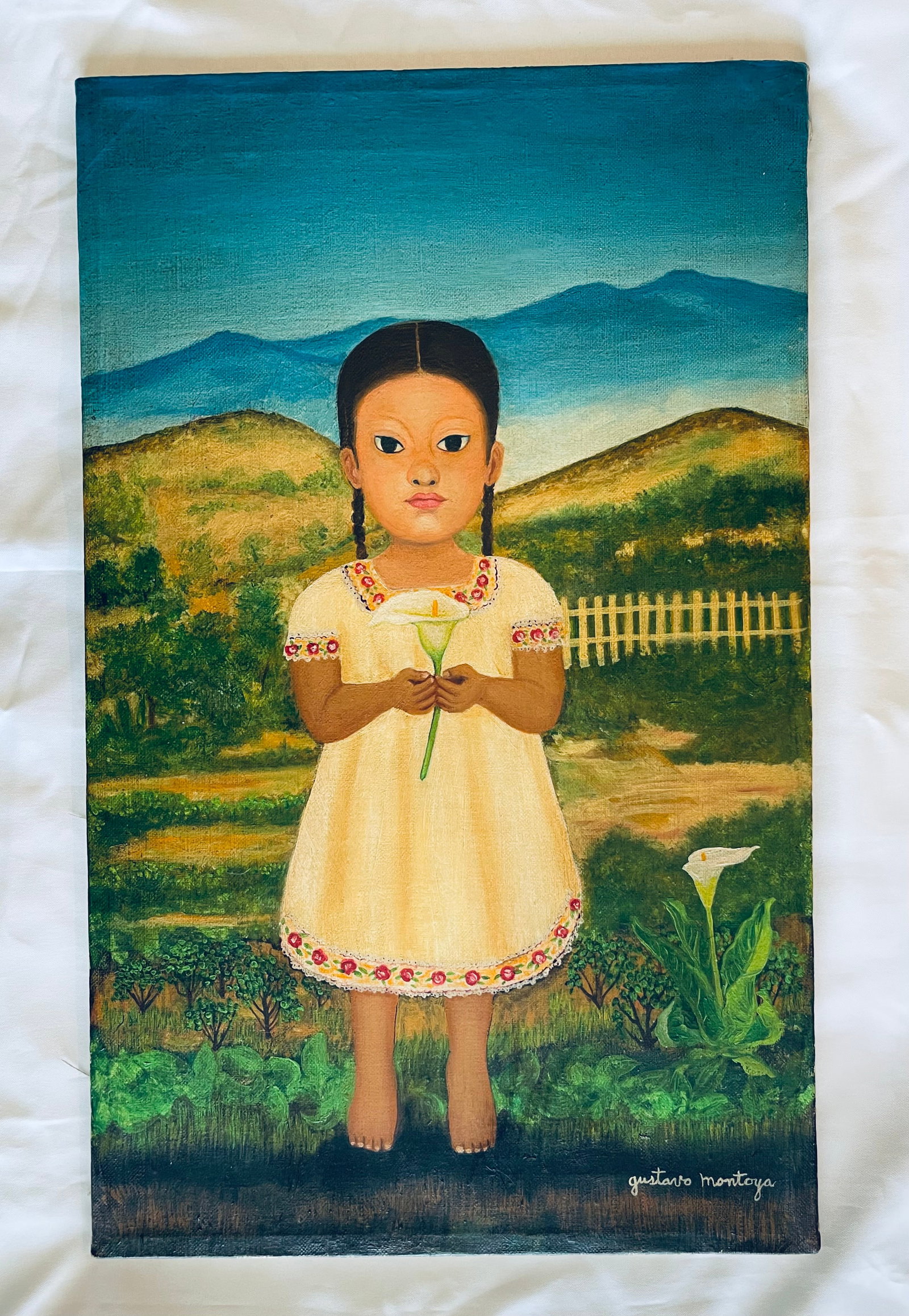 Gustavo Montoya (1905-2003) Oil on canvas "Girl collecting Calli Lillies" W COA: Item Details Artist: Gustavo Montoya Title:"Nina con Alcatraz" Year: unknown Dimensions: 29 1/2 x 18 inches Edition: ORIGINAL Framed: no Condition: Good Details: COA hand signed by the Artist. It come