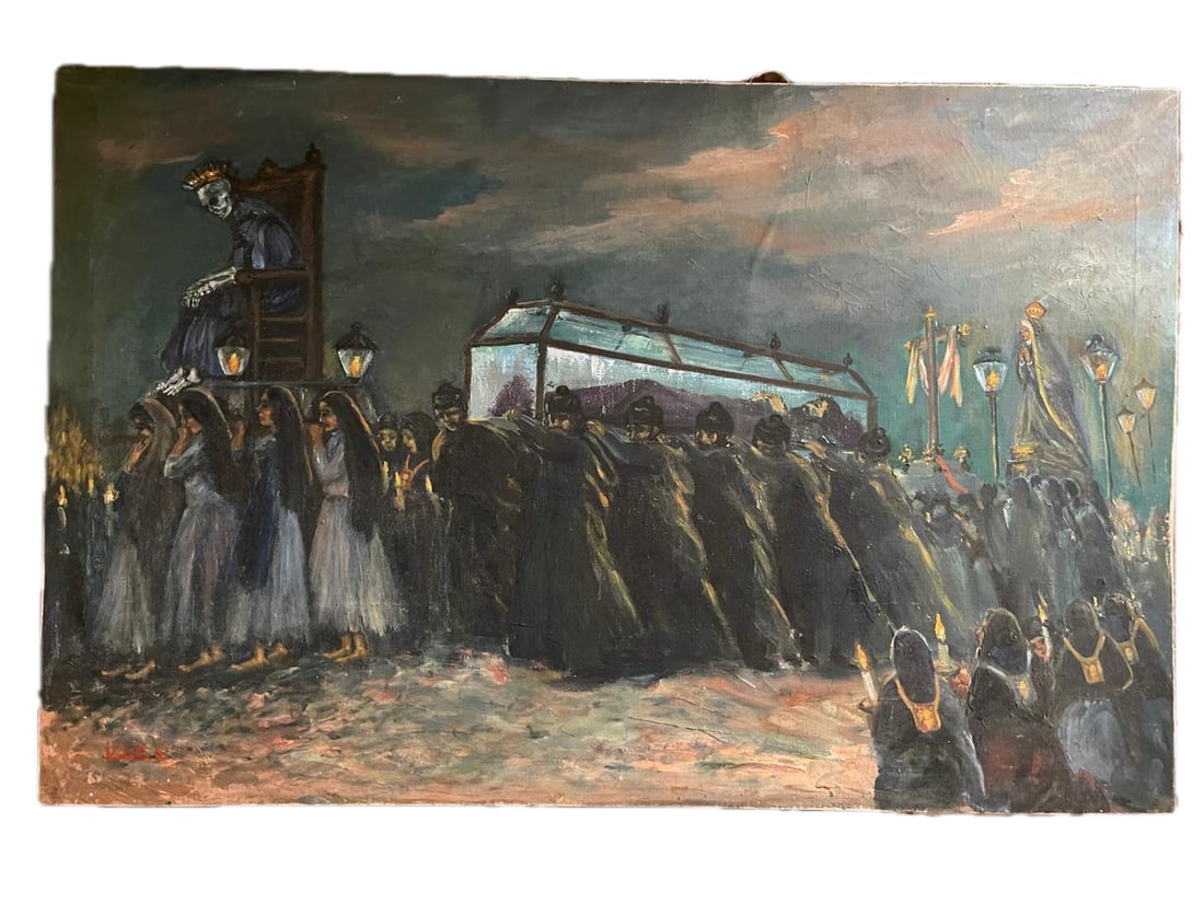 Valetta Swann (1904-1973) ORIGINAL oil on canvas "The Queen of Skulls, Procession": NO RESERVE Item Details Artist: Valetta Swann Title: The Queen of Skulls,Procession Year: unknown Dimensions: 23.5 x 37.5 (unframed) inches Framed: no Medium: Oil on Canvas Condition: Very good *has b