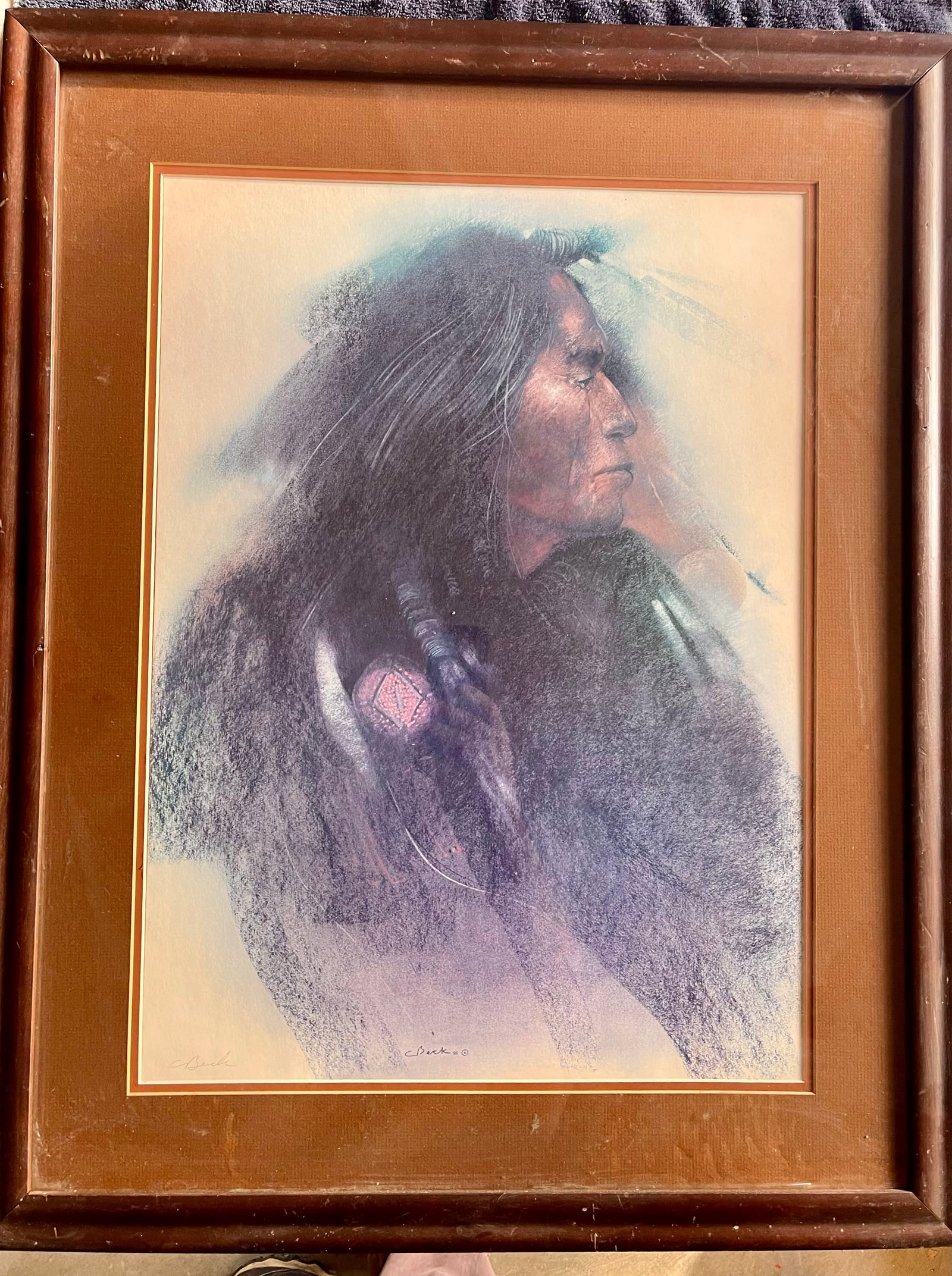 Clifford Beck Jr. (American Navajo 1946-1995) artist signed print, "Distant Thoughts": NO RESERVE Item Details Artist: Clifford Beck Jr Title: Distant Thoughts Year: unknown Dimensions: 24 x 18 1/2 in. Edition: Print Framed: yes, frame needs work Medium: Print Condition: Good Detail