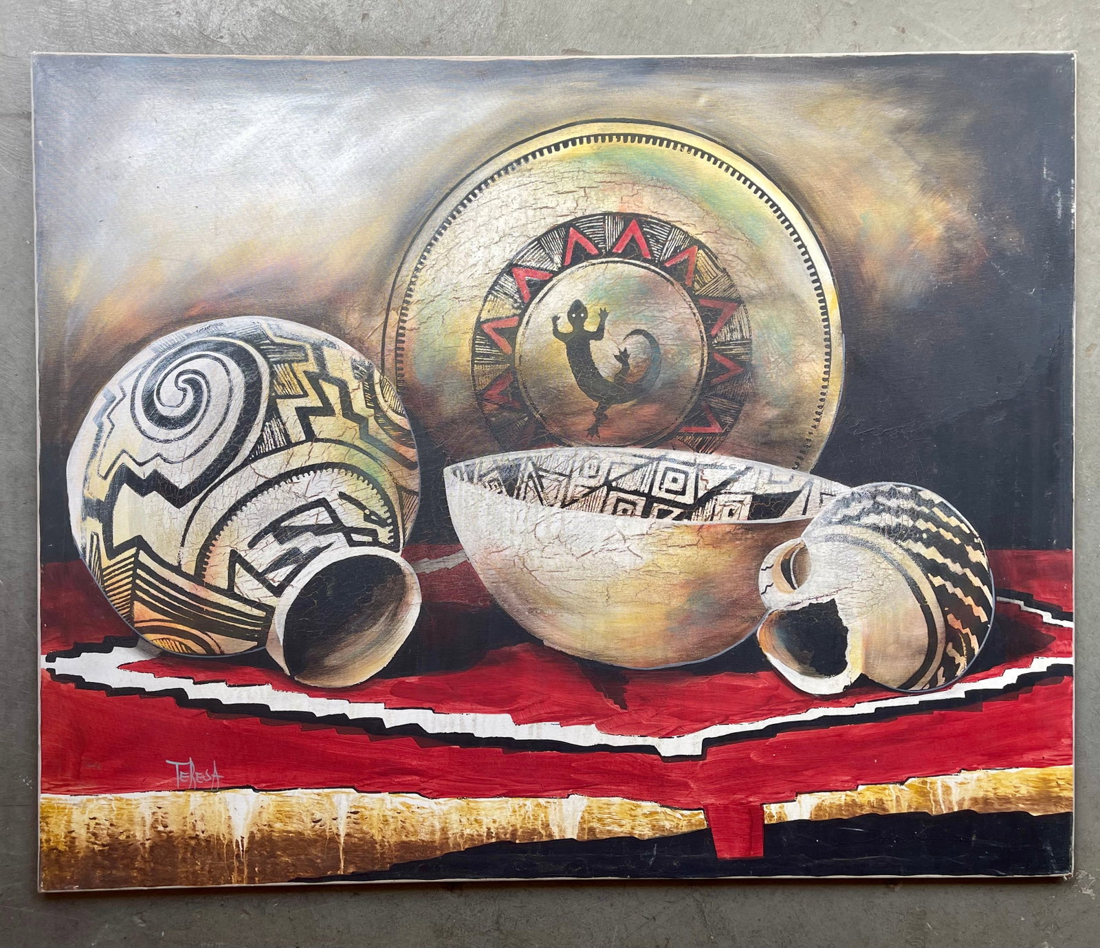 Teresa Bernard, ORIGINAL Oil on Canvas, large Southwest themed: NO RESERVE Item Details Artist: Teresa Bernard Title: Southwest themed still Year: unknown Dimensions: 40 x 50 inches Edition: ORIGINAL Framed: No Condition: Good Details: Hand painted and hand signed