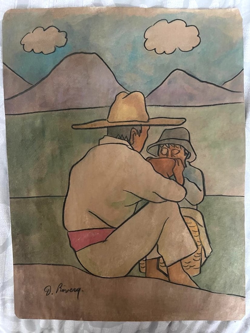 Diego Rivera (Attributed) Gouache on Paper, "Compadres" (1 of 7)