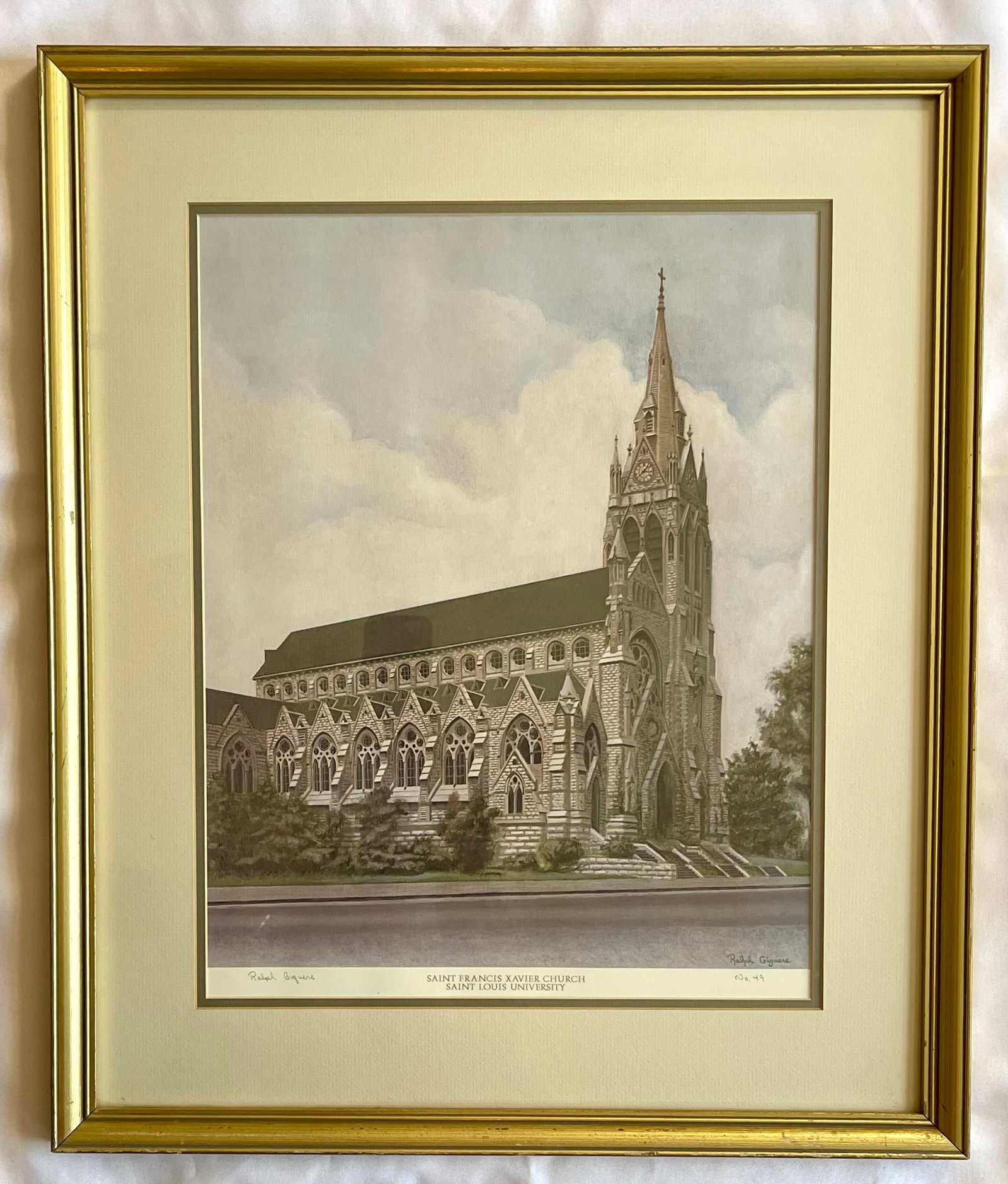 Ralph Giguere Lithograph, artist signed "St Francis Xavier Church, Saint Louis University": NO RESERVE Item Details Artist: Ralph Giguere Title: St Francis Xavier Church, Saint Louis University Year: unknown Dimensions: (framed) 25 1/2 x 21 1/2 inches Medium: Batik Condition: Very good Shipp