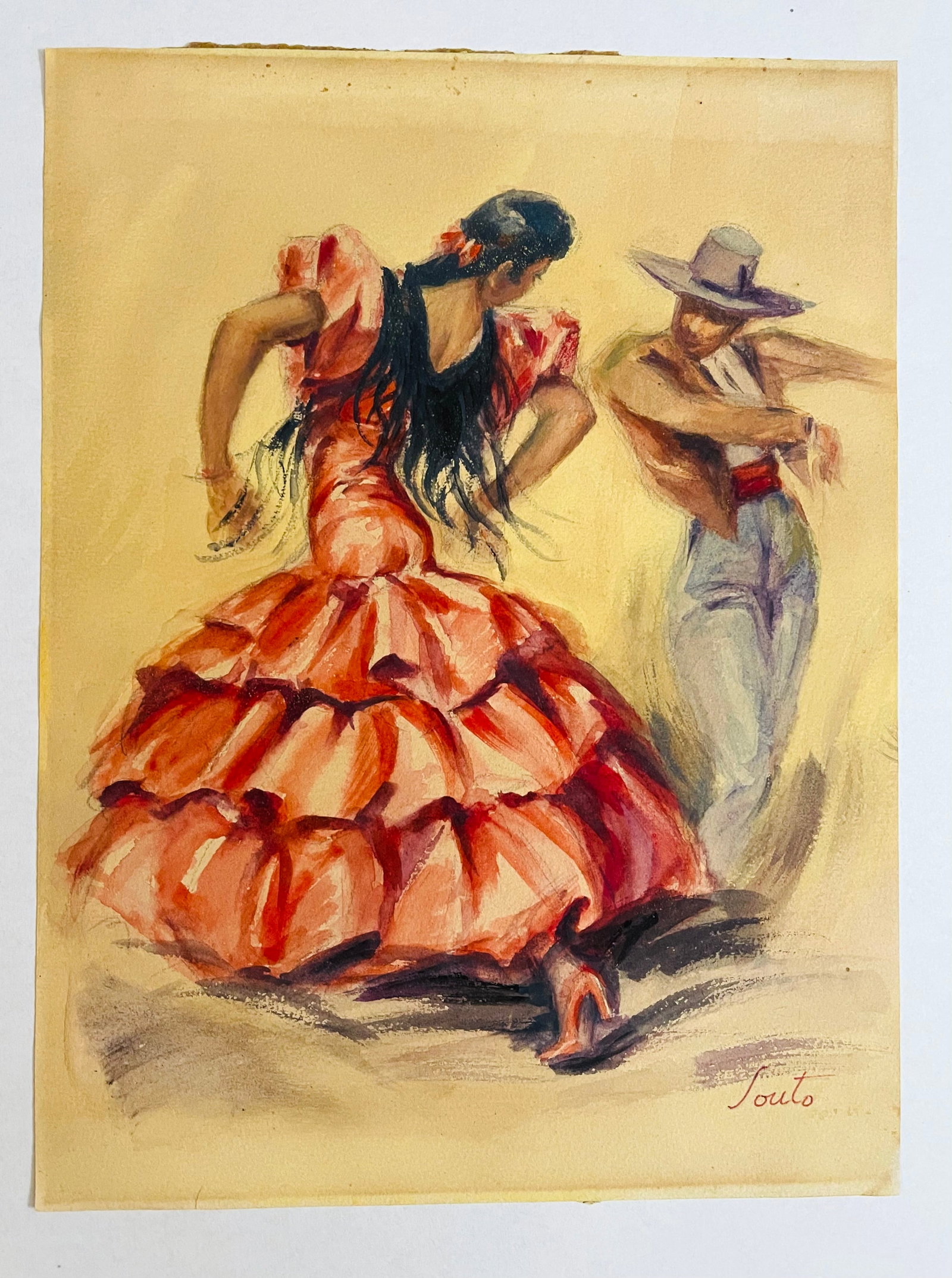 Arturo Souto (Spanish 1902-1964) ORIGINAL watercolor on Paper, "Dancers": NO RESERVE Item Details Artist: Souto Title: Dancers Year: 1970 Dimensions: 10 3/4 x 8 inches Edition: ORIGINAL Framed: no Medium: Watercolor on paper Condition: Good Details: Hand painted and hand