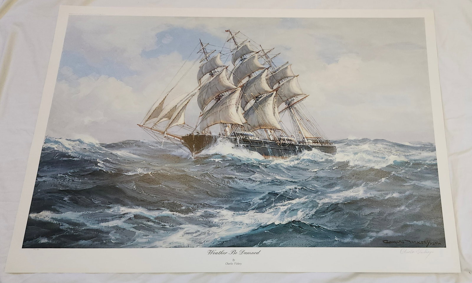 Nautical Lithograph by Charles Vickery "Weather Be Damned" signed & numbered: NO RESERVE Item Details Artist: Charles Vickery Title: Weather be Damned Year:1992 Dimensions: 38 x 26 inches. Edition:numbered of 950 Framed: no Medium: Lithograph on paper Condition: Excellent Detai