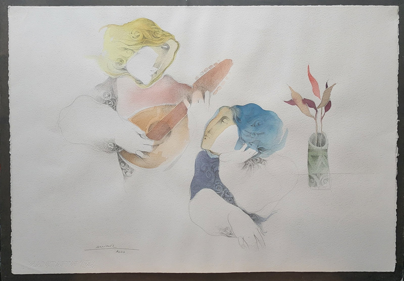Alvar Sunol, (b.1935) Original Watercolor, Couple con Guitar - 2000 (1 of 7)