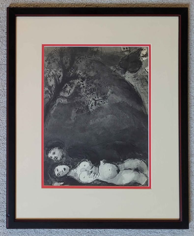 Marc Chagall vintage heliogravure: NO RESERVE Item Details Artist: Marc Chagall Title: Le Mari en Penitence (The Husband in Penitence Year:1950 Dimensions: Frame 20 x 16 1/2 inches Mat Opening 12 ¾ x 9 ¾ inches. Edition: 