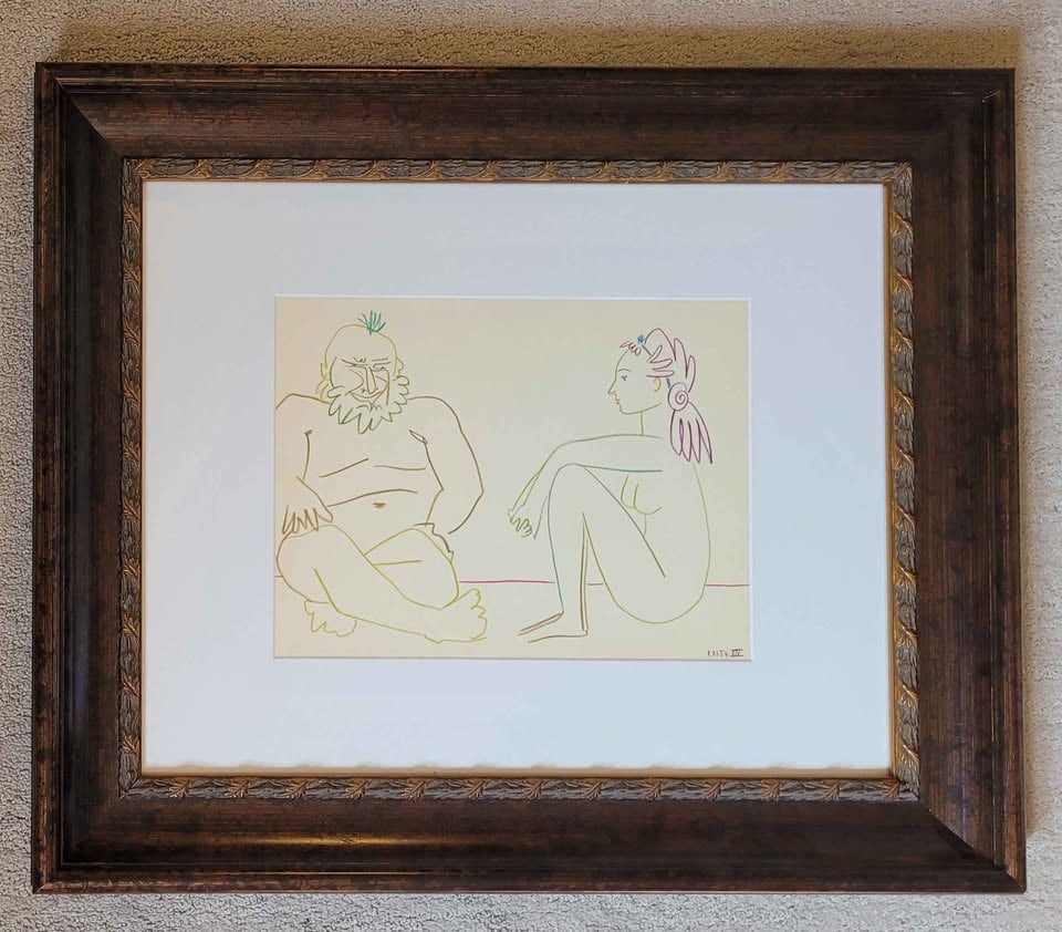 Picasso Human Comedy vintage art lithograph COA 1954: NO RESERVE Item Details Artist: Pablo Picasso (1881-1973) Title: The Human Comedy 27.1.54 XIV Year: 1954 Dimensions: Frame 25 x 21 inches Opening 13 x 10 inches Edition: not numbered Framed: Yes Mediu
