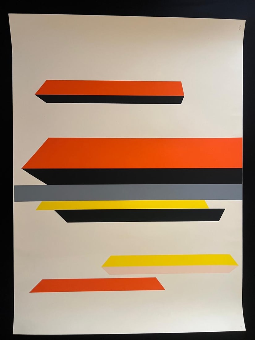 Matias Goeritz (German/Mexican 1915-1990) Hand Signed Serigraph, "Composition in Red and Yellow": Artist: Matias Goeritz Title: Linear Composition in red and yellow Year: unknown Dimensions: (Unframed) 27 1/2 x 37 1/2 in. (70cm x 95cm) Framed: no Medium: Serigraph Condition: Good Shipping: In Hous