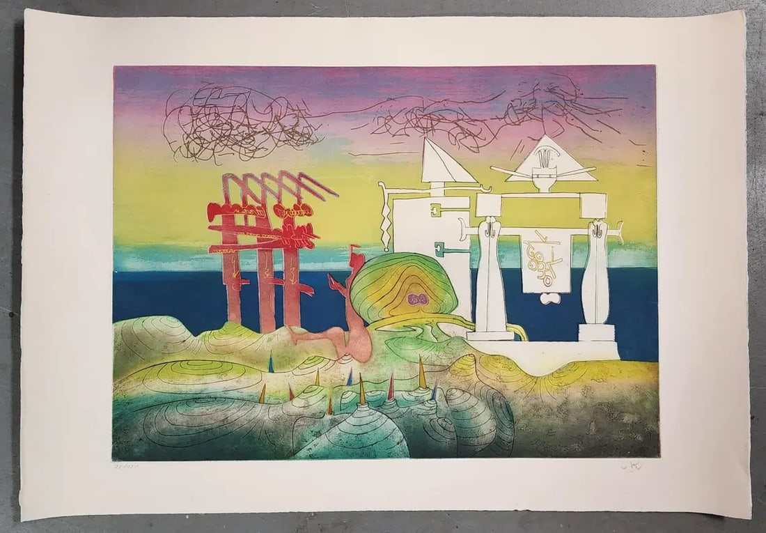 Roberto Matta (1911-2002) Original Etching with Aquatint - 8pm from the L'Arc Obscur des Heures: Item Details Artist: Roberto Matta (1911-2002) Title: 8pm from the L'Arc Obscur des Heures Year: 1975 Dimensions: 25 x 36 in. Edition: 125 Framed: no Medium: Etching with Aquatint Condition: Very good
