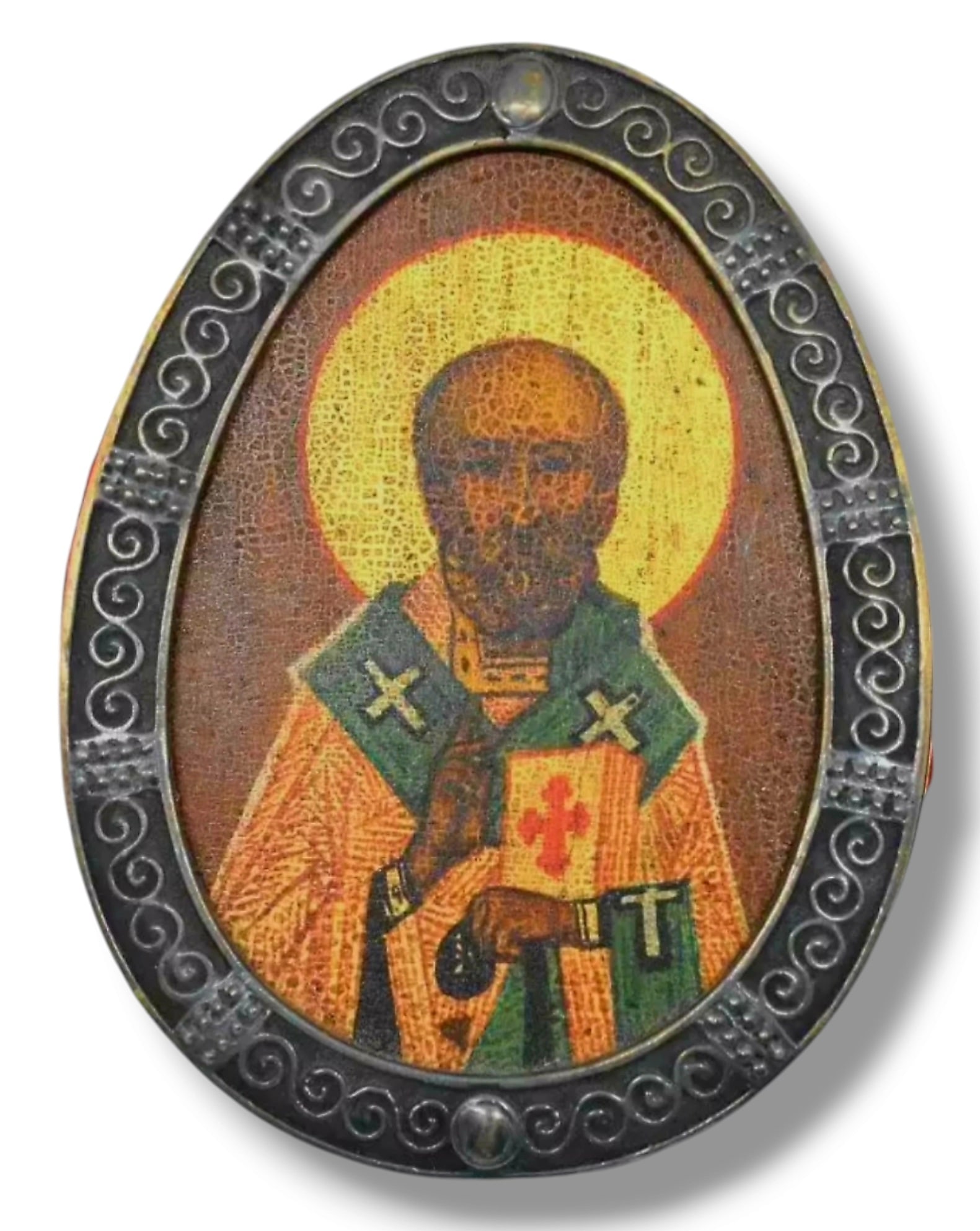 P. Ovchinnikov Russian Antique Silver Icon Circa 1909-1917: P. Ovchinnikov Russian Antique Silver Icon Circa 1909-1917TYPE: Antique PAVEL OVCHINNIKOV Moscow Russian Hand Painted Religious Icon Plaque 3.25STYLE: Religious / Christianity / IconMETAL: 84 SilverPU