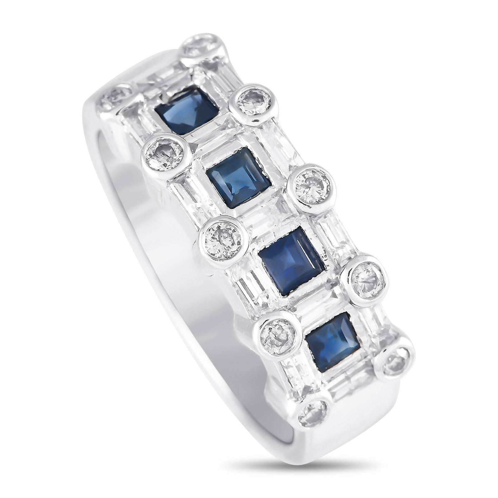 14K White Gold 0.60ct Diamond and Sapphire Ring: 14K White Gold 0.60ct Diamond and Sapphire Ring, This stunning 14K White Gold ring will continually captivate. A series of Sapphires totaling 0.50 carats make a statement at the center of the design. 