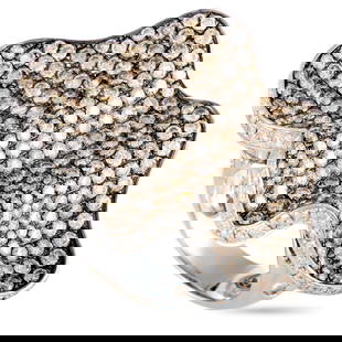 18K White Gold White and Brown Diamond Wave Ring: This ring is made out of 18K white gold and diamonds that amount to 6.50 carats. The ring weighs 16.8 grams and boasts band thickness of 5 mm and top height of 10 mm, while top dimensions measure 25 b