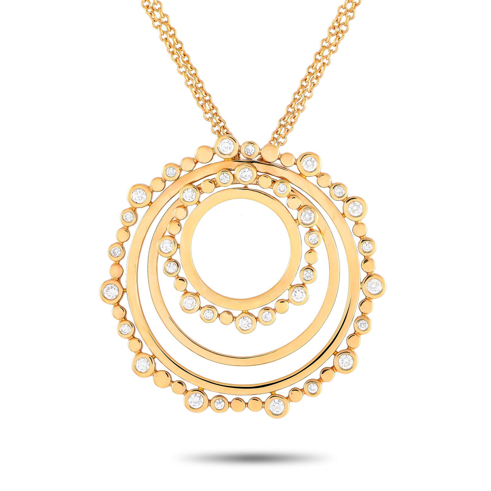 Bucherer 18K Rose Gold 0.69ct Diamond Circle Necklace BU05-071124: A versatile jewel you can wear time and time again. This rose gold necklace by Bucherer features a 30-inch-long double chain holding a round pendant with concentric circles. The 1.5-inch-wide pendant