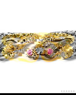 Chimento Diamond Ruby 18 Karat Yellow Gold Flexible 2 Row Cuff Bracelet: Chimento Diamond Ruby 18 Karat Yellow Gold Flexible 2 Row Cuff Bracelet Diamond and ruby cuff bracelet by designer Chimento. The cuff features two rows of flexible woven 18 karat yellow gold with diam