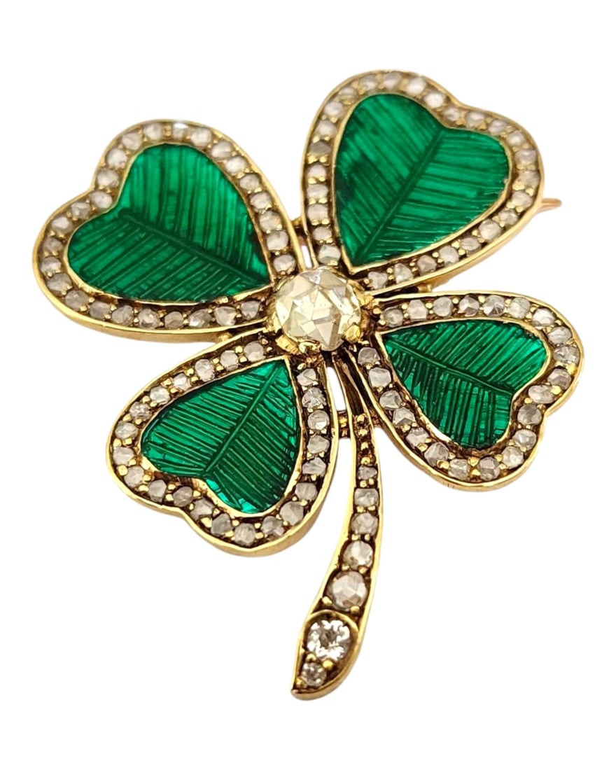 Russian Antique Gold Diamond Guilloché Enamel Flower Brooch 1.30 Carats. Circa 1890s: Imperial Russian Antique Gold Diamond Guilloché Enamel Flower Brooch 1.30 Carats. Circa 1890s In the form of a four-leaf clover, the leaves enameled in translucent green over a guilloché ground, cen