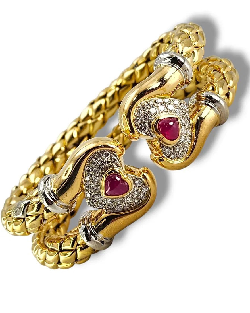 Chimento Diamond Ruby 18 Karat Yellow Gold Flexible 2 Row Cuff Bracelet: Chimento Diamond Ruby 18 Karat Yellow Gold Flexible 2 Row Cuff Bracelet Description Chimento Diamond Ruby 18 Karat Yellow Gold Flexible 2 Row Cuff BraceletDiamond and ruby cuff bracelet by designer Ch