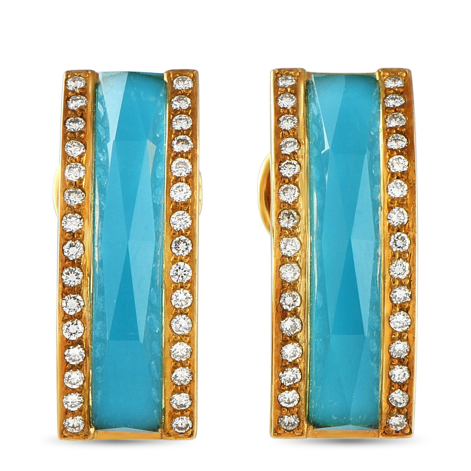 Stephen Webster 18K Yellow Gold 0.50ct Diamond and Shard Turquoise Earrings MF02-042225 SW02-042225: These impeccably crafted Stephen Webster earrings are bold and understated all at once. Turquoise stones are covered with facetted rock crystal at the center of the geometric design, and add an exciti