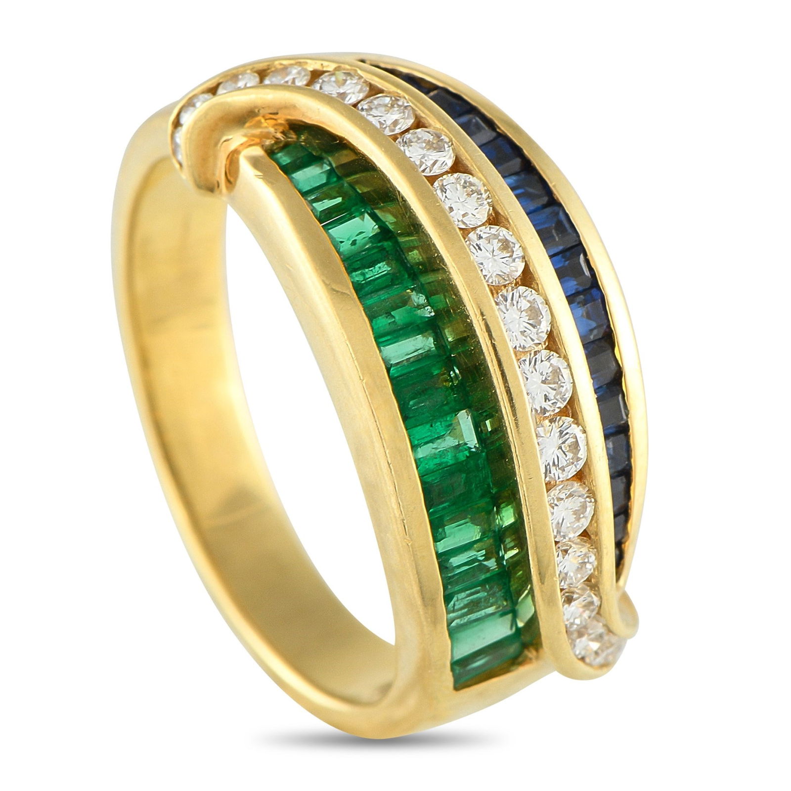 Charles Krypell 18K Yellow Gold 0.75ct Diamond, Emerald, and Sapphire Ring CK11-072925: Add an opulent splash of color to any ensemble with this Charles Krypell ring. A series of sparkling Diamonds with a total weight of 0.75 carats makes a statement at the center of the 18K Yellow Gold
