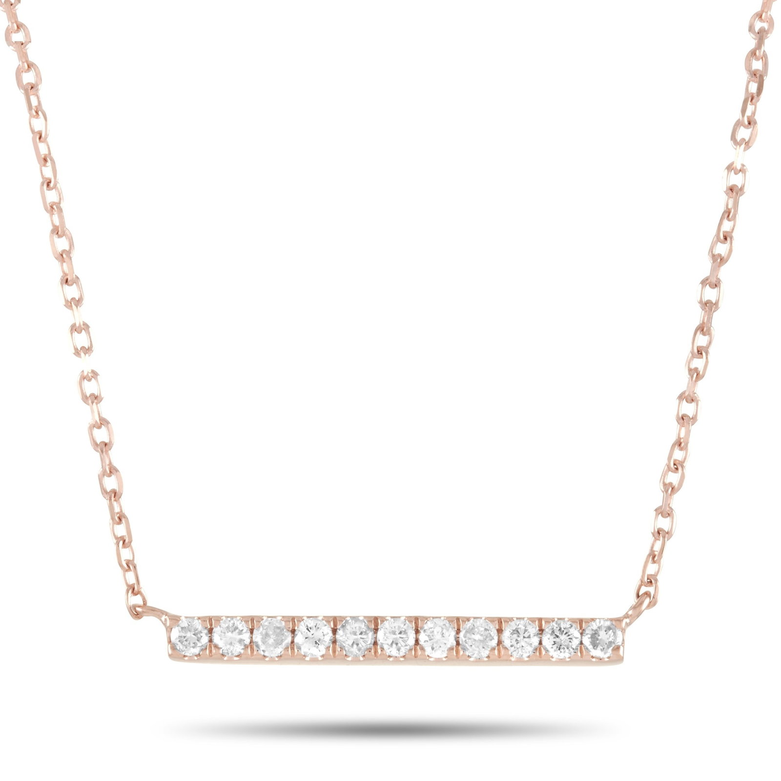 Exclusive 14K Rose Gold 0.10 ct Diamond Pendant Necklace ANK-15810R: This Exclusive necklace is crafted from 14K rose gold and weighs 1.6 . It is presented with a 15 chain and boasts a pendant that measures 0.07 in length and 0.63 in width. The necklace is set with dia