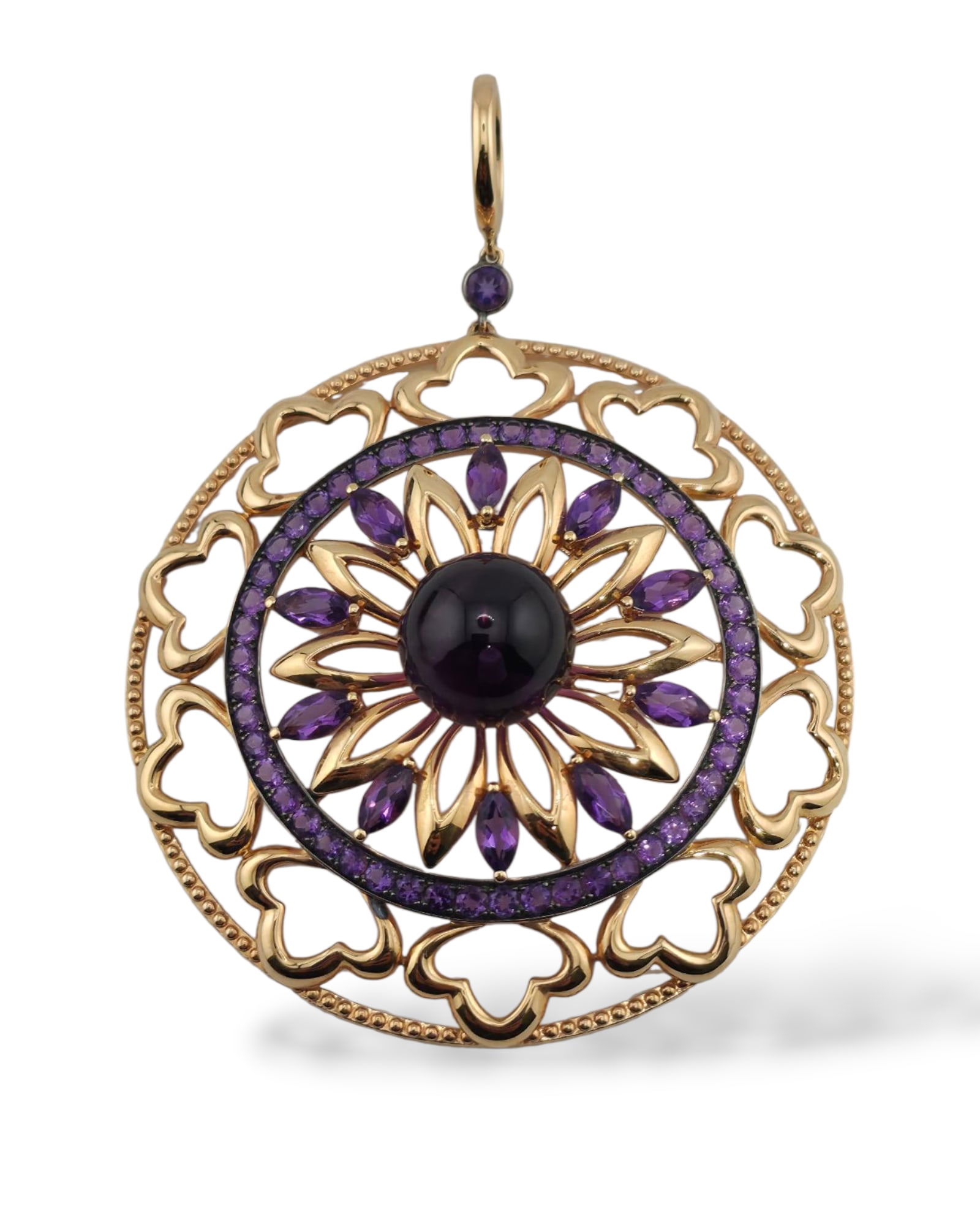 Van Cleef & Arpels 18K Gold Earrings: Bucherer – 18K Gold & Amethyst Large Pendant An impressive Bucherer pendant showcasing refined Swiss craftsmanship. Beautifully designed in solid 18K yellow gold, this statement piece features a vib