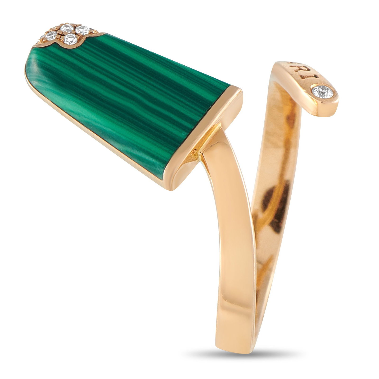 Bvlgari Gelati 18K Rose Gold Diamond and Malachite Ring: Give your outfits a scoop of charm with Bvlgari ’s Gelati ring. This playful yet refined rose gold piece features an open bypass band with one end punctuated by a diamond, and the other by a popsicl