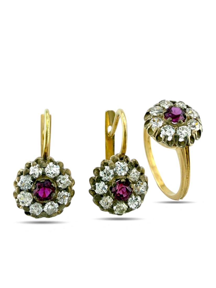 K. Faberge Imperial Russian 14K Yellow Gold 2.24ct Diamond & 1.05ct Ruby Earring and Ring Set (1 of 6)