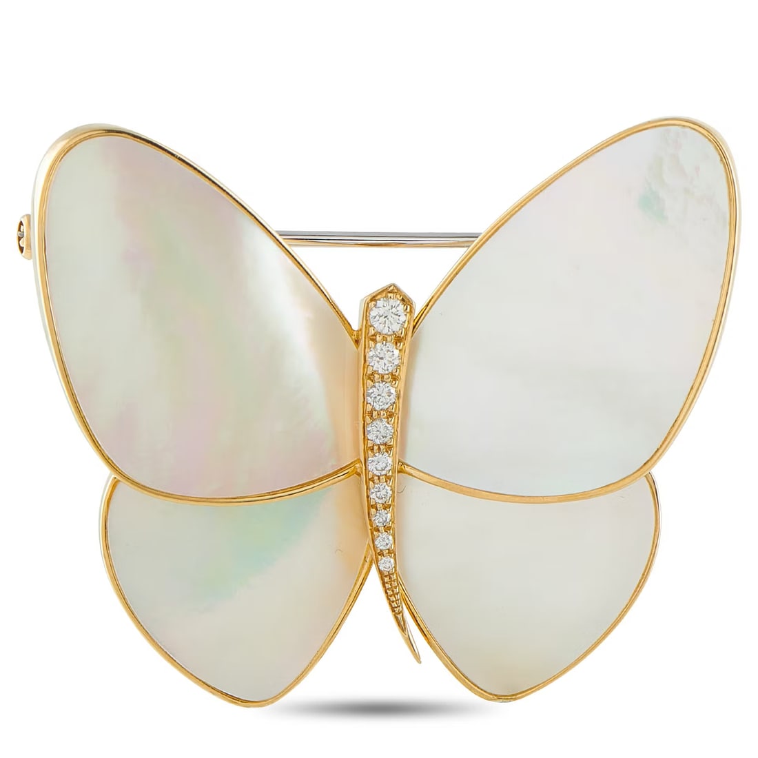 Van Cleef & ArpelsVan Cleef & Arpels 18K Yellow Gold 0.22ct Diamond and Mother of Pearl Butterfly: This Van Cleef & Arpels Butterfly Brooch is incredibly chic. Opulent Mother of Pearl gives the wings a light, airy quality, while inset Diamonds totaling 0.22 carats elevate the center of the design.