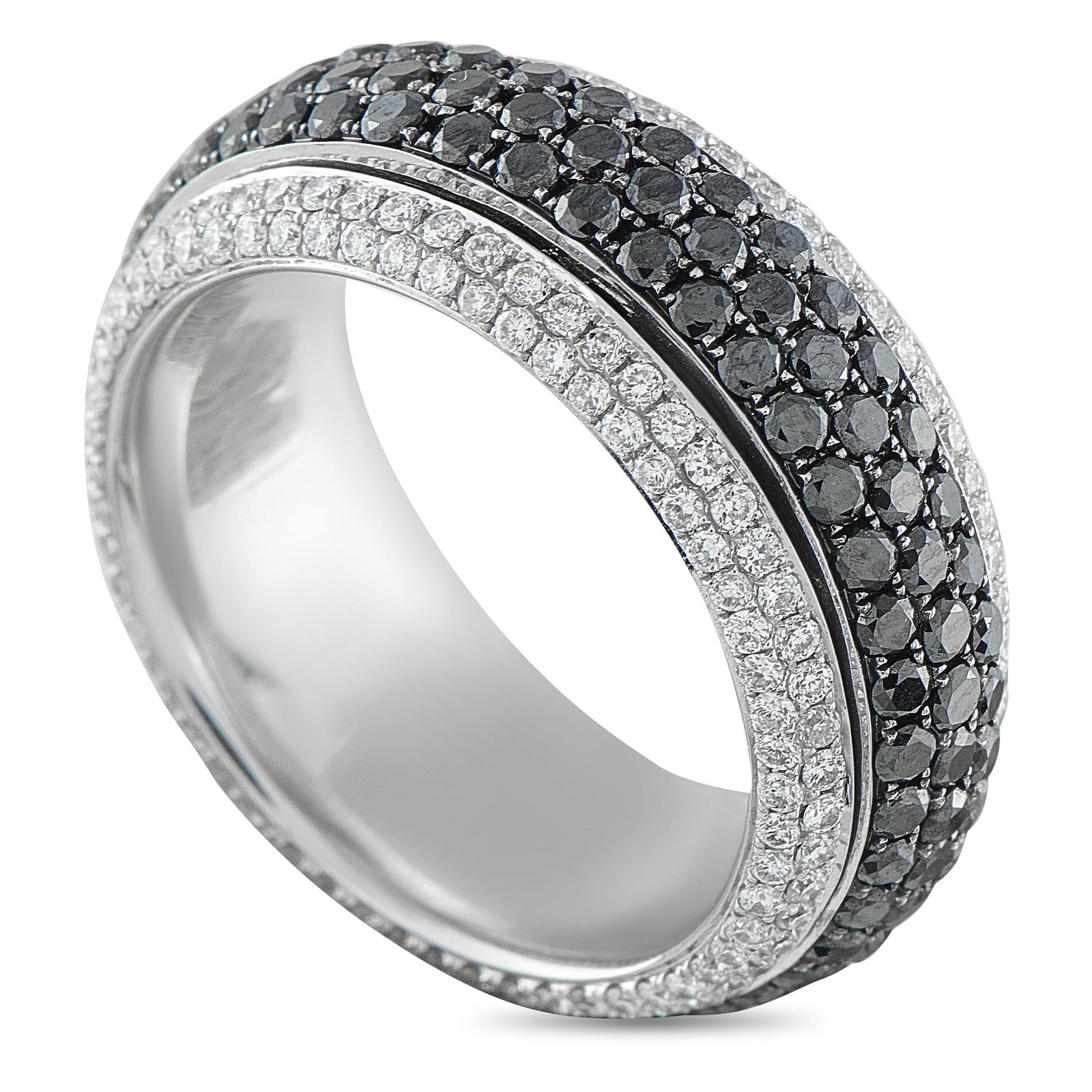 Bucherer 18K White Gold 3.75ct White and Black Diamond Rotating Band: This Bucherer ring is full of captivating details. An inner ring covered in Black Diamonds totaling 2.56 carats rotates independently from the outer ring, which features contrasting White Diamonds tot