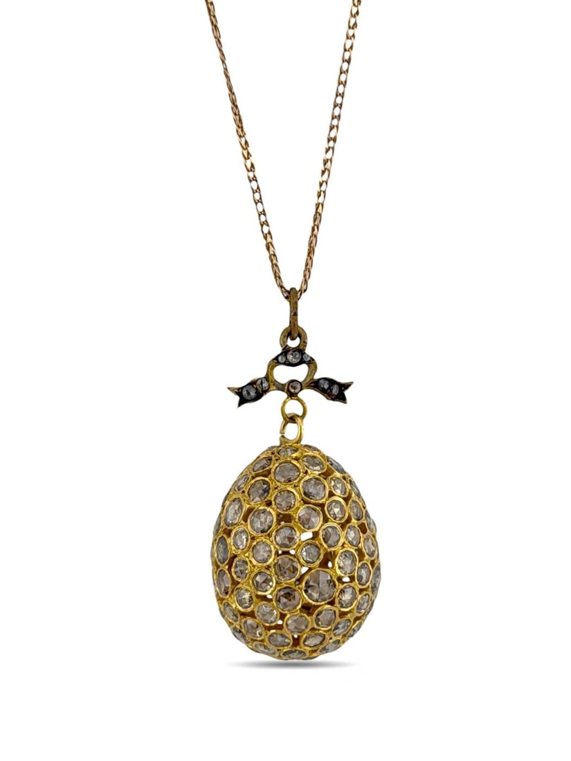 Pendant - 14 kt. Yellow gold, Russian Antique 56K (14K) Yellow Gold & Diamond Egg Pendant: Russian Antique 56K (14K) Yellow Gold & Diamond Egg PendantA finely crafted antique Russian egg pendant made in 56K (14K) gold, set with natural round-cut diamonds ranging from 2mm to 3.5mm. This eleg