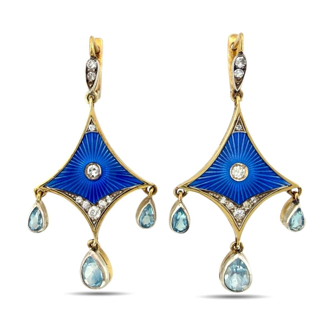 Earrings - 14 kt. Yellow gold, Antique Russian  Gold Diamond & Aquamarine Enamel Earrings -  0.90ct. (1 of 6)