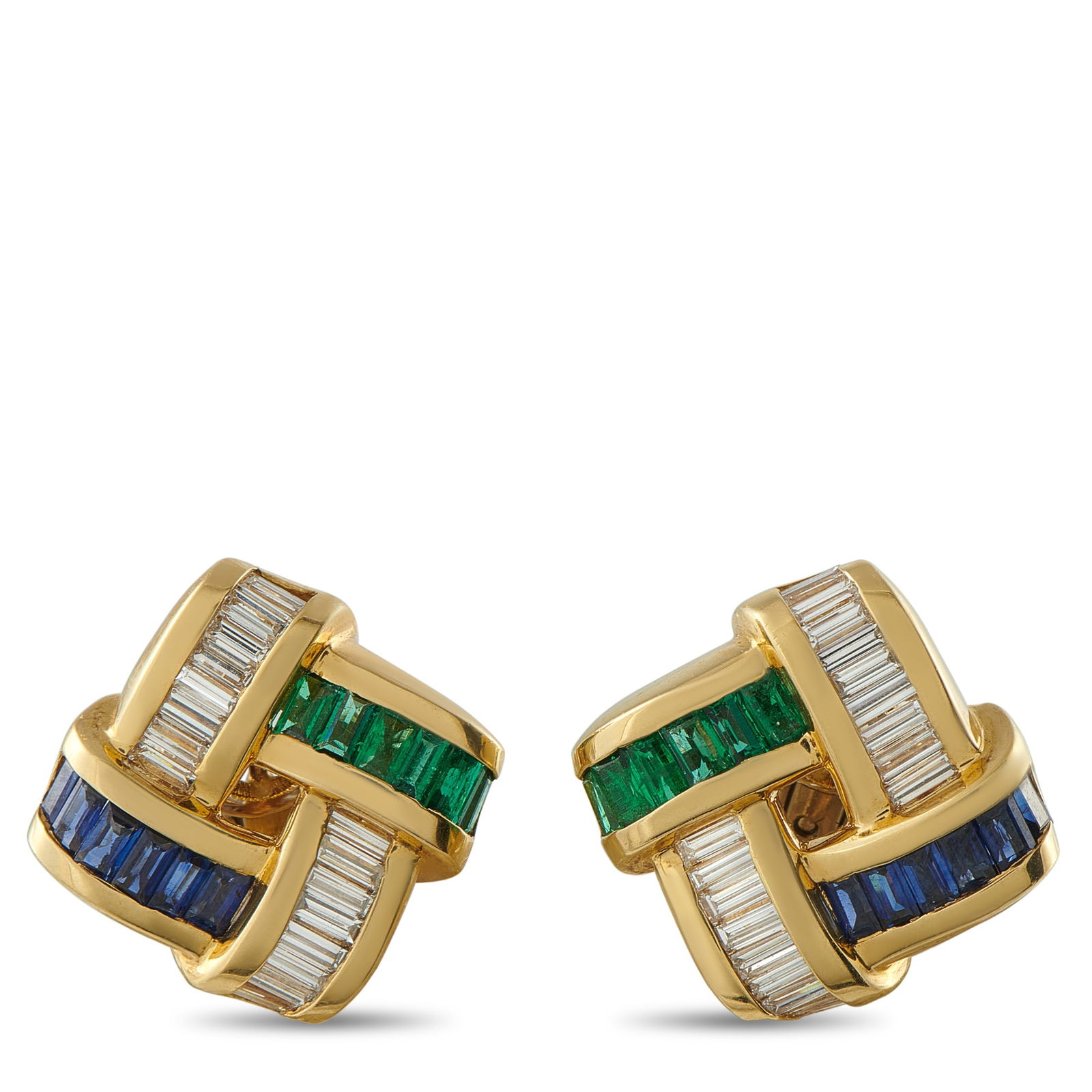 Charles Krypell 18K Yellow Gold 2.56ct Diamond, Emerald, and Sapphire Earrings: A knotted design makes these Charles Krypell earrings an elegant addition to any ensemble. Opulent 18K Yellow Gold beautifully highlights the array of vibrant gemstones, which include Emeralds with a