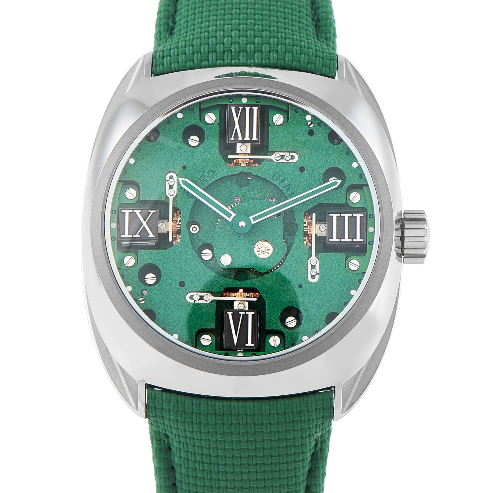 ByrneGyro Dial Golf Edition Titanium Watch 10034-80100-225: The Byrne Gyro Dial Golf Green Dial Titanium Watch stands out as an innovative, sports-inspired timepiece. It has a 41.7mm-wide case crafted in lightweight platinum and fitted with a box-shaped sapphi