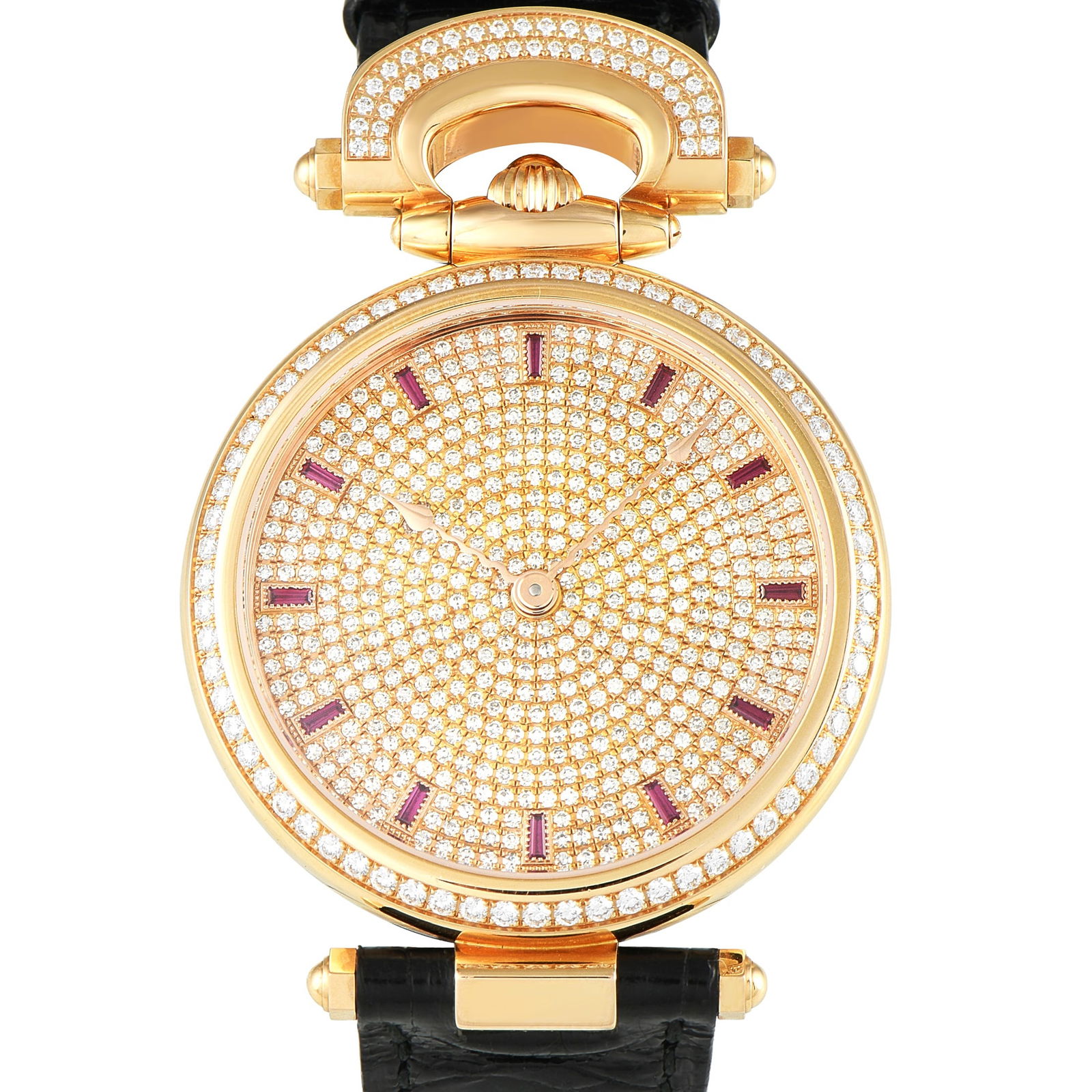 BovetChateau de Motiers Joaillerie Diamond and Rose Gold Watch HMS042-SD12: A stunning BOVET creation that illustrates how the brilliance of fine jewelry enriches every detail of watchmaking. This time-only watch has a lavish case done in 18K rose gold, with the bezel pavé-s