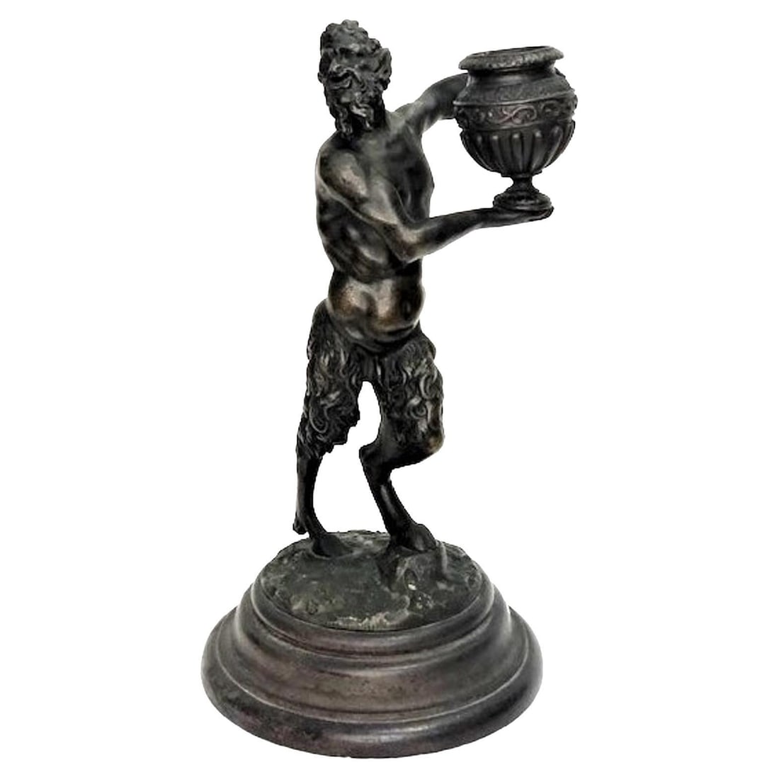 Antique Continental Patinated Bronze Fawn Candlestick, 19th Century: Probably Italian, 19th Century patinated bronze candlestick in form of a dancing Fawn holding a candle-vessel in his hands, on its original wood base.
