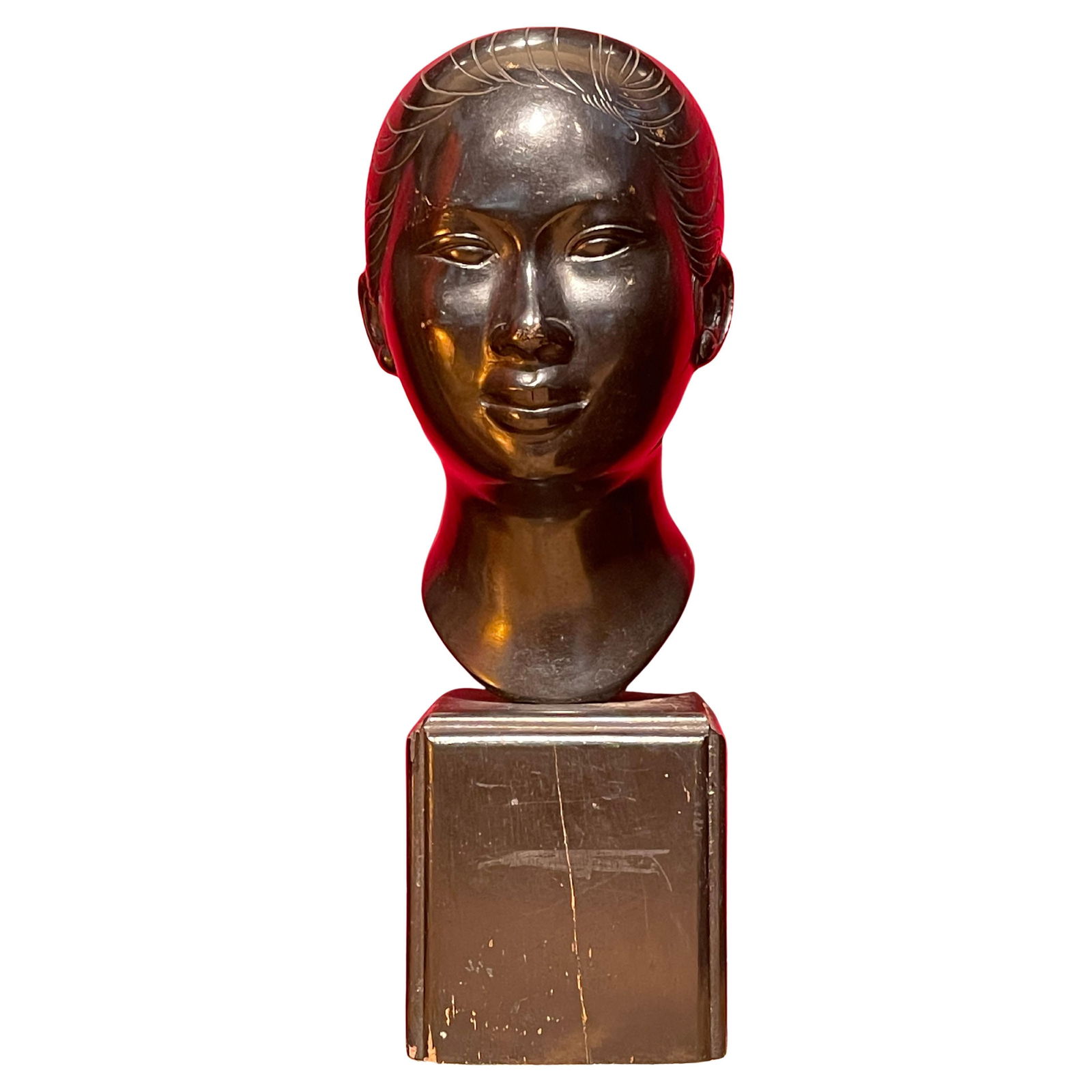 Vietnamese Art Deco Lacquered Bronze Bust of Asian Woman by Nguen Than, Ca. 1920 (1 of 9)