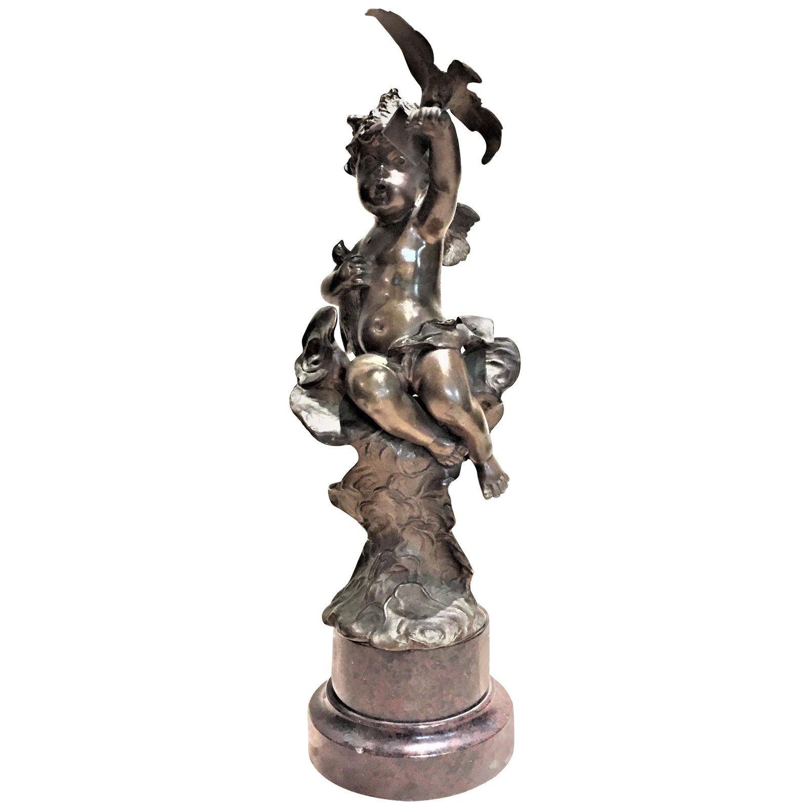 French Belle Époque, Patinated Bronze Desktop Sculptural Paperweight, 19 Century: Signed illegibly original red marble base.Dimensions : H: 8.25” x W: 3.25” x D: 4.25” Base diameter: 2.75”This beautiful and delicate desktop dark chocolate-brown patinated bro