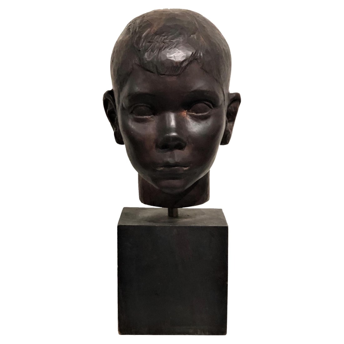 American Art Deco Carved Ebonized Wood Head Bust of a Young Boy, ca. 1940s (1 of 8)