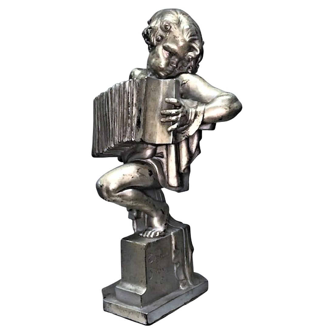 Edgardo Simone, Accordion Player, Art Deco Silvered Plaster Sculpture, ca. 1925: Edgardo Simone, (Italian/American, 1890-1948) Classically trained in Italy at the Beaux Arts Academy in Rome from 1906 to 1913, Edgardo Simone became a famous sculptor in Italy and the United States u